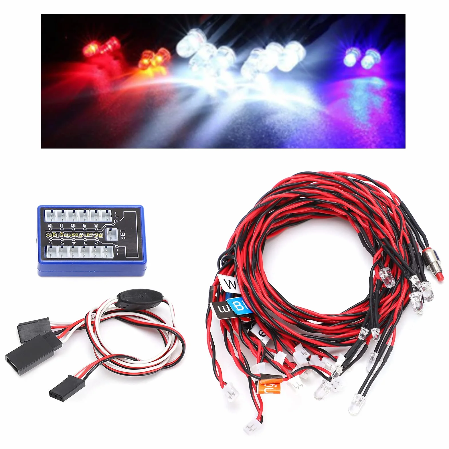 RC Car Flashing Light System, 12 LED Highlight Flashing Light System 4 Tryby Oświetlenia dla RC Cars 4.8-6V DC dla 1/8 1/10 1/12 RC Cars