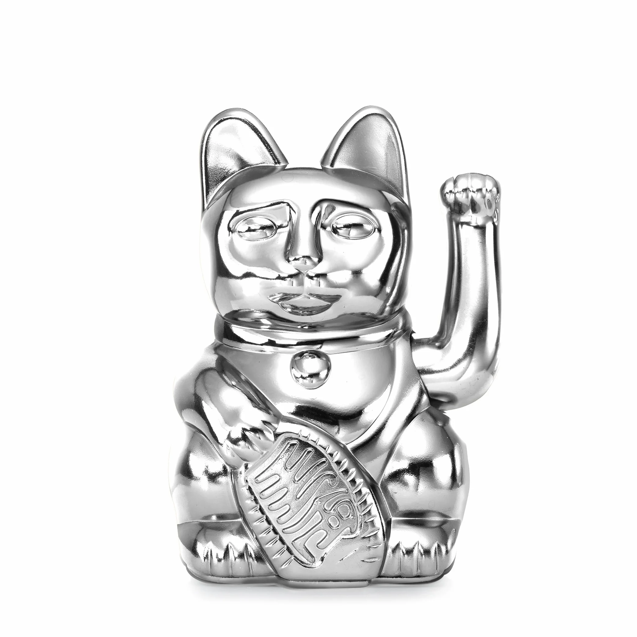 Donkey Products Lucky Cat Cosmic Edition Mercury Shiny Silver japoński talizman przynoszący szczęście kotek z tworzywa sztucznego w kolorze błyszczącym srebrnym, wymiary: 10,5 x 8,5 x 15 cm, 360013