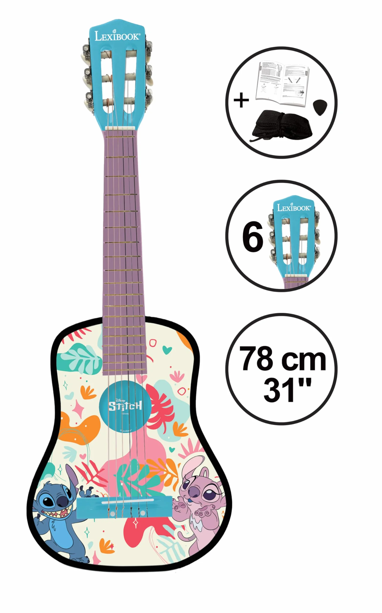 Lexibook, Disney Stitch, Moja Akustyczna Gitara Drewniana, 6 Strun Nylonowych, 78 cm (30"), Przewodnik do Nauki, Kostka i Pasek w Zestawie, Niebieski, K2000D