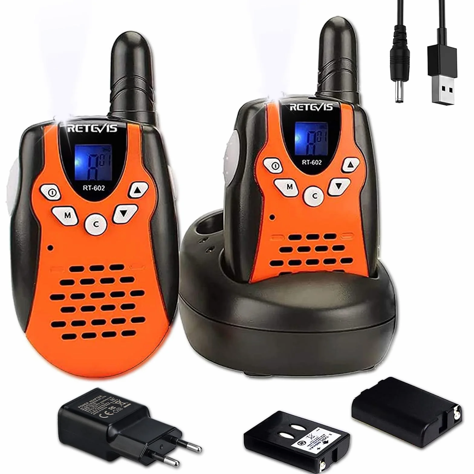 Retevis RT602 Kids Walkie Talkies Akumulator PMR446 8-kanałowy Latarka VOX Dzieci Walkie Talkie z bateriami litowo-jonowymi i ładowarką (pomarańczowy, 1 para)