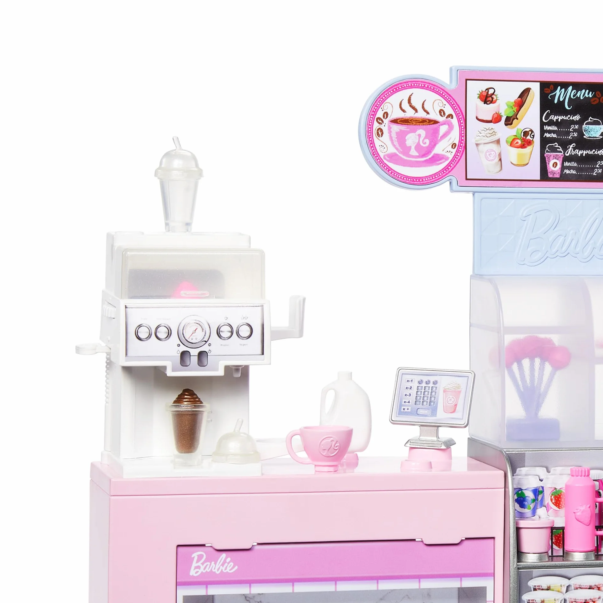 Barbie Kawiarnia Zestaw z lalką baristką i 12 akcesoriami, w tym ekspresem do kawy i maszyną do koktajli w jednym, „jedzeniem” i kubeczkami, HXN94