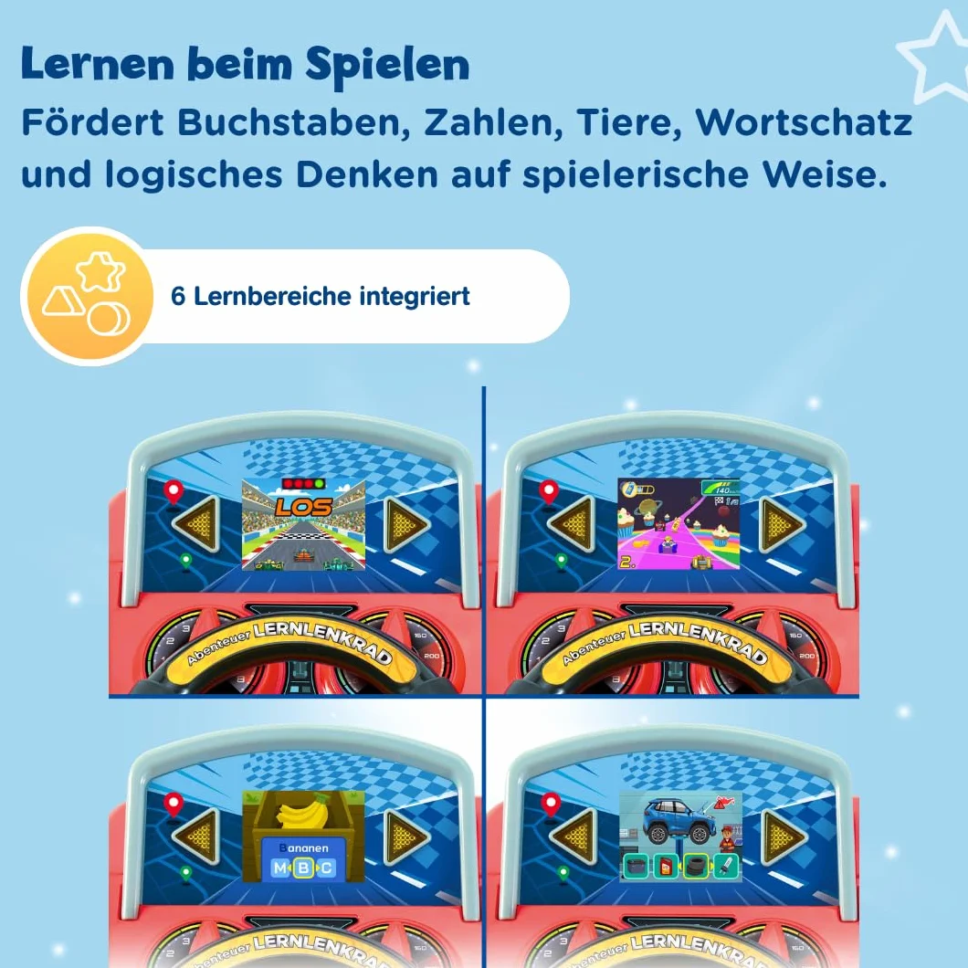 VTech Przygodowa kierownica do nauki – interaktywna kierownica z kolorowym ekranem LCD, 3 tryby gry, liczne treści edukacyjne i 23 melodie – dla dzieci w wieku 3-7 lat