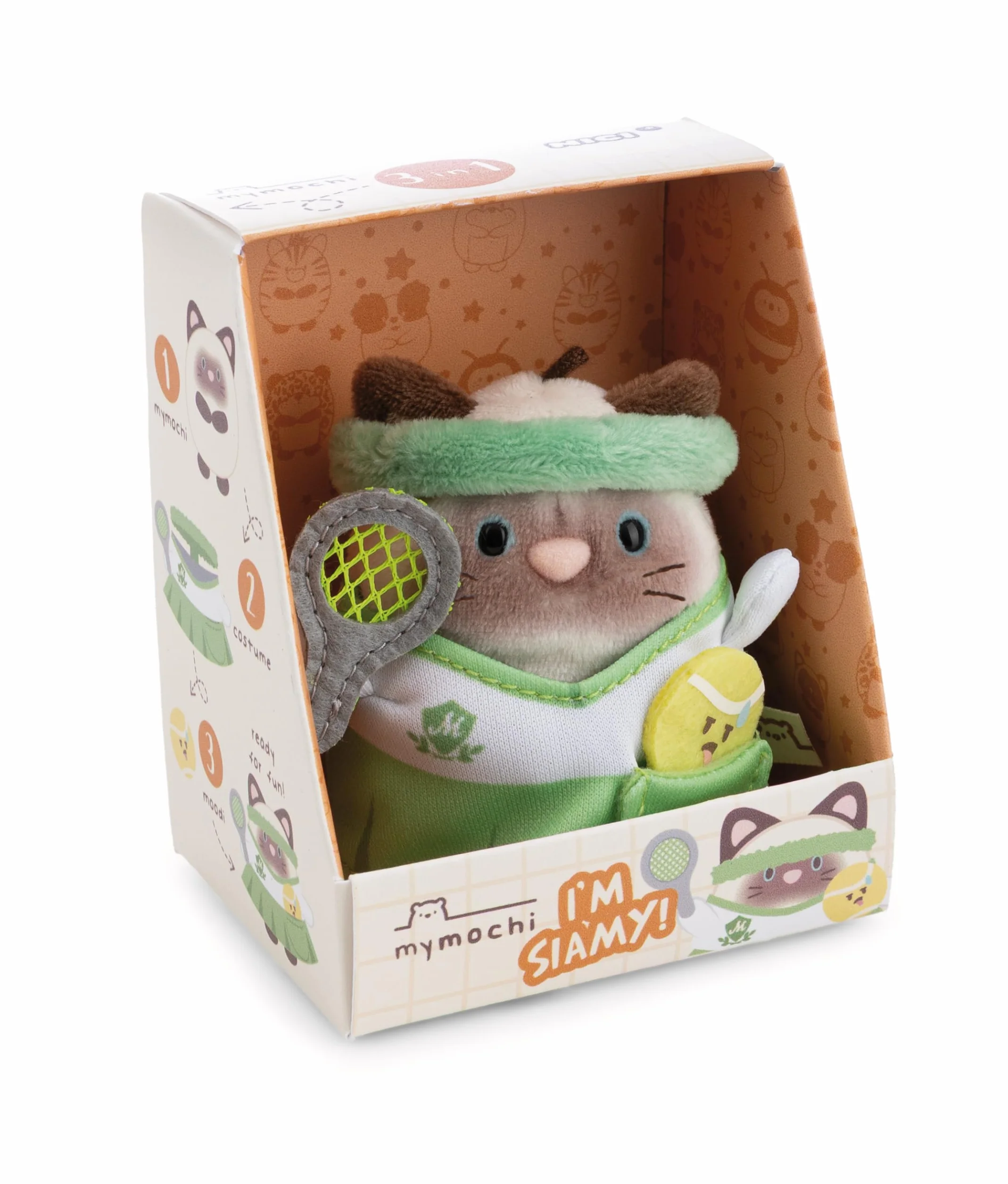 NICI 62903 zestaw przytulanka kotka syjamska Siamy z piłeczką tenisową i strojem tenisowym w pudełku prezentowym, mymochi pluszowe zwierzątko w stylu kawaii, 8 cm, 8,5 x 6,5 x 10 cm, brązowy