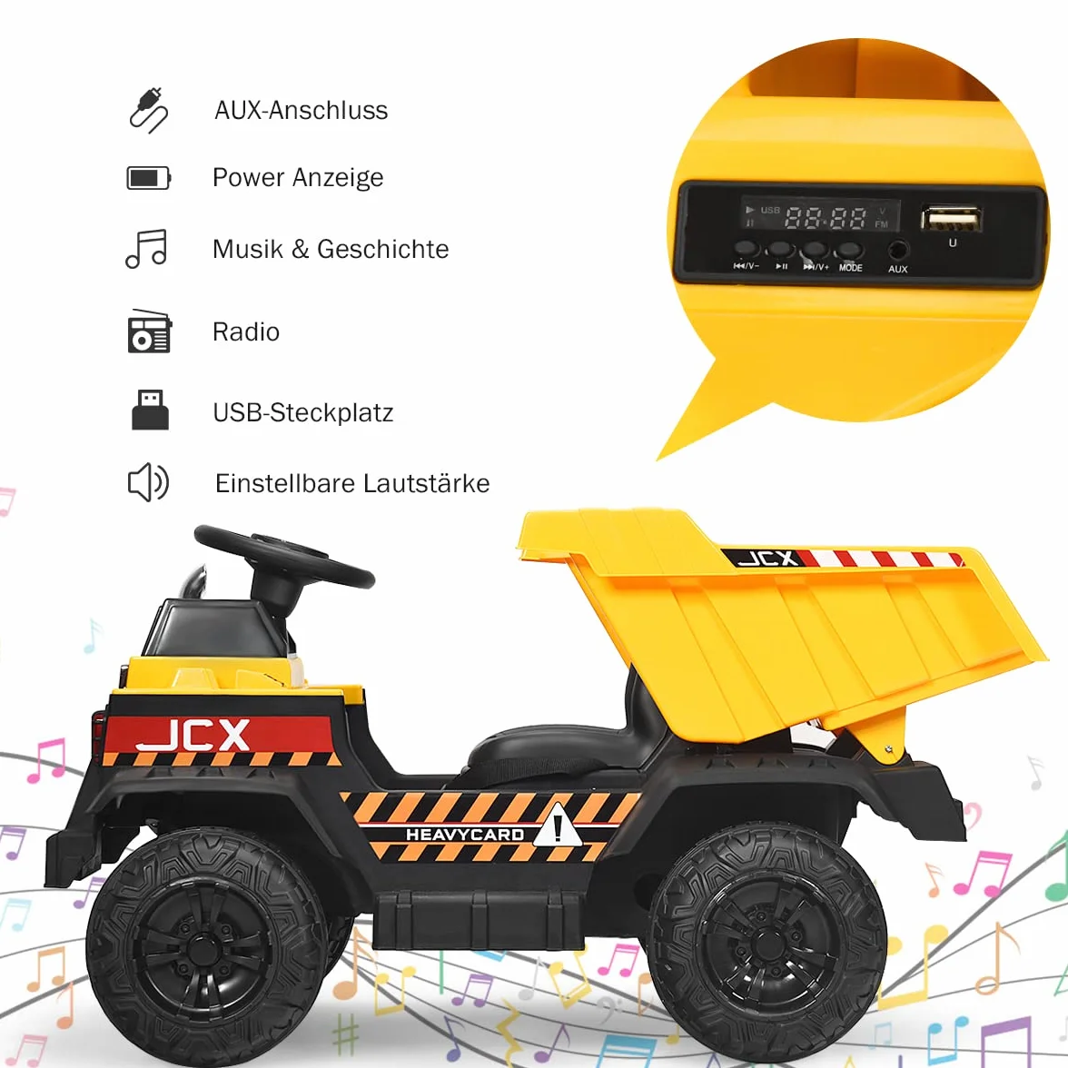 COSTWAY Traktor dziecięcy 12 V z elektryczną tylną szuflą, 3-biegowy traktor z pilotem zdalnego sterowania 2,4 G, oświetleniem, muzyką i radiem, traktor elektryczny 3-5 km/h dla dzieci w wieku 3-8 lat