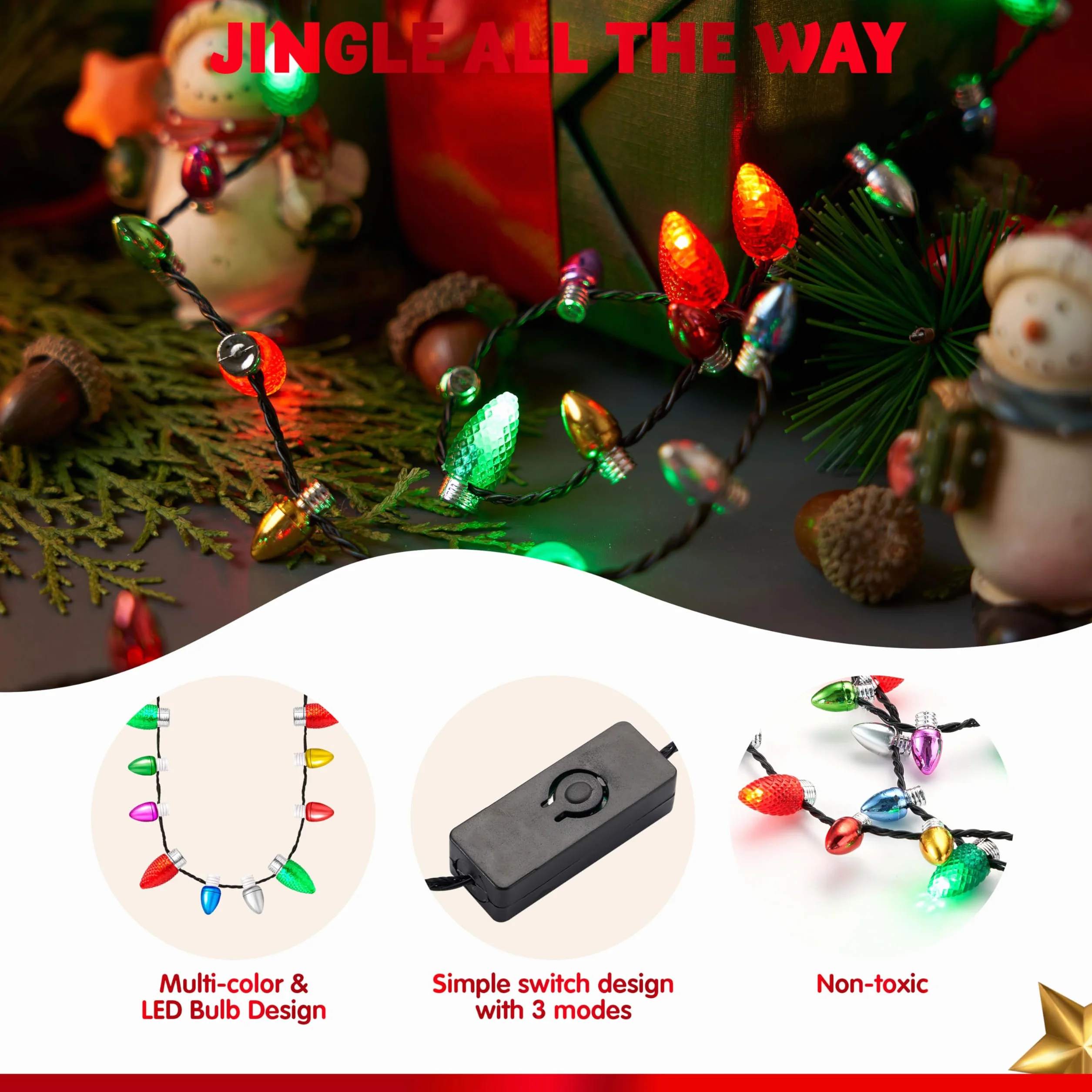 JOYIN Świąteczny mini naszyjnik z żarówkami LED, 4 sztuki, z 26 perłami i 8 świecącymi koralikami z 3 trybami oświetlenia, świecące naszyjniki na Boże Narodzenie (4 sztuki)