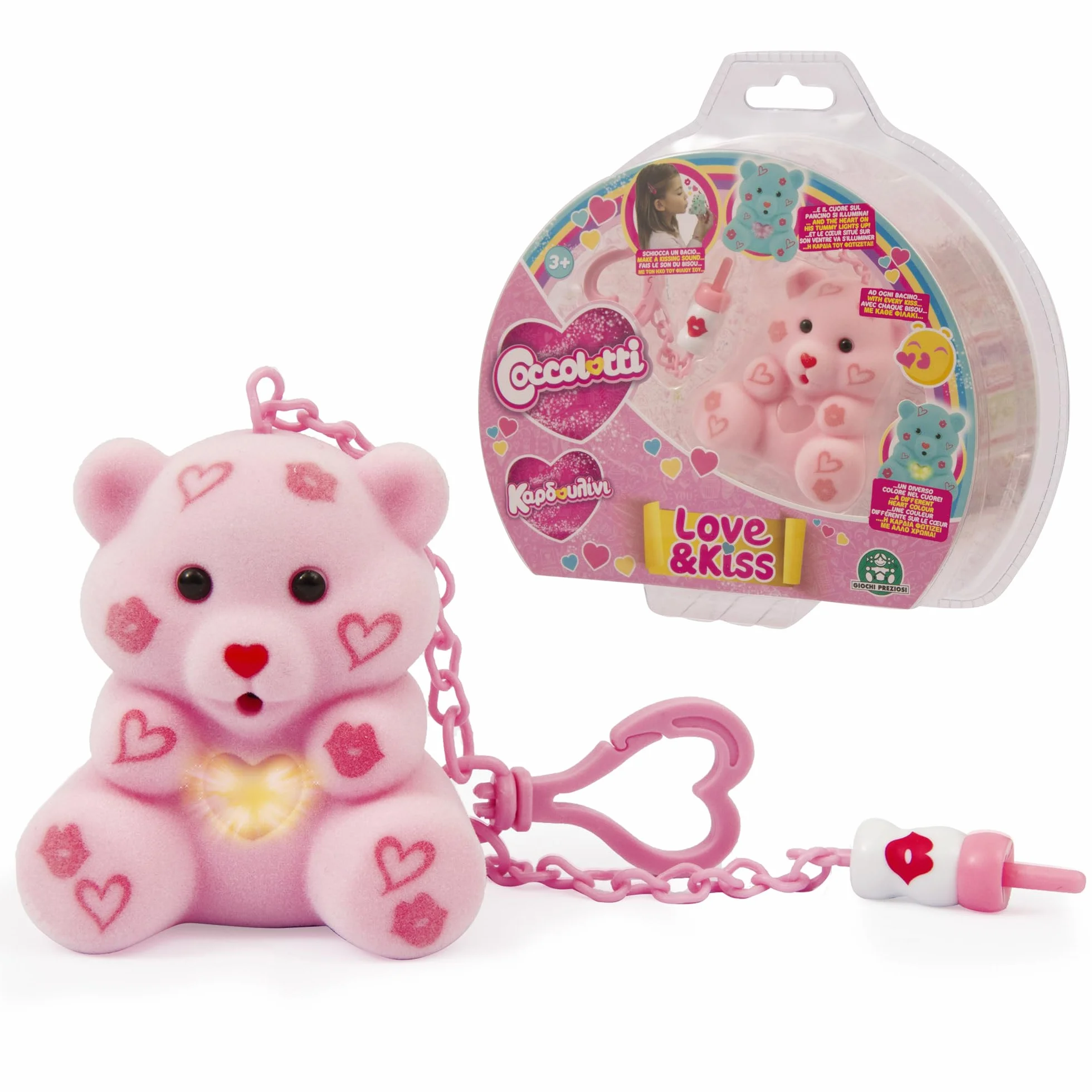 Giochi Preziosi COCCOLOTTI, interaktywny miś, który cię całuje, efekty świetlne, różowy wzór, dla dzieci od 3 lat, CCL093