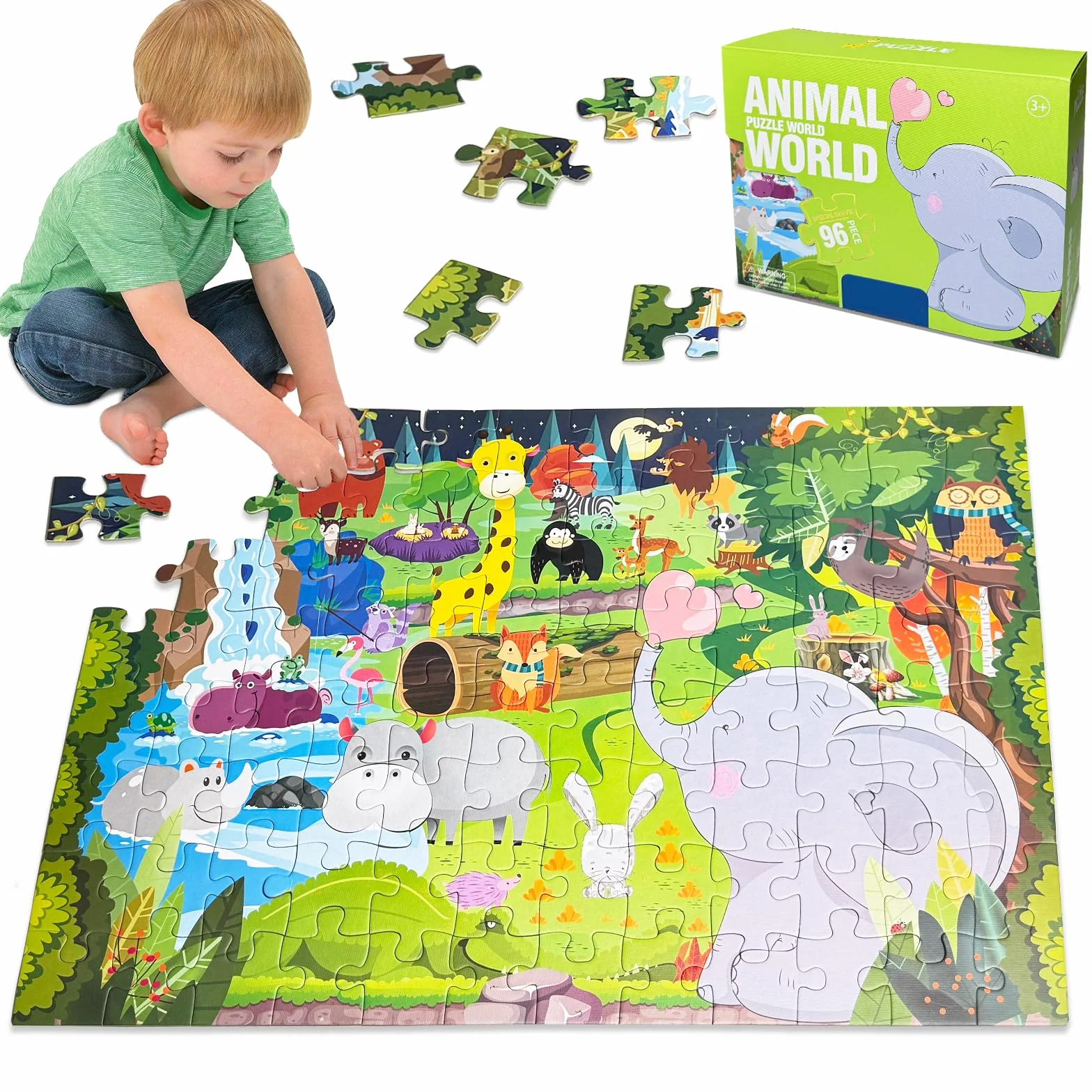 Puzzle dla dzieci od 4, 5, 6 lat, 96 elementów, puzzle podłogowe, świat zwierząt, duże puzzle dla dzieci, prostokątne, puzzle dla chłopców i dziewczynek, prezent dla dzieci w wieku 3-7 lat