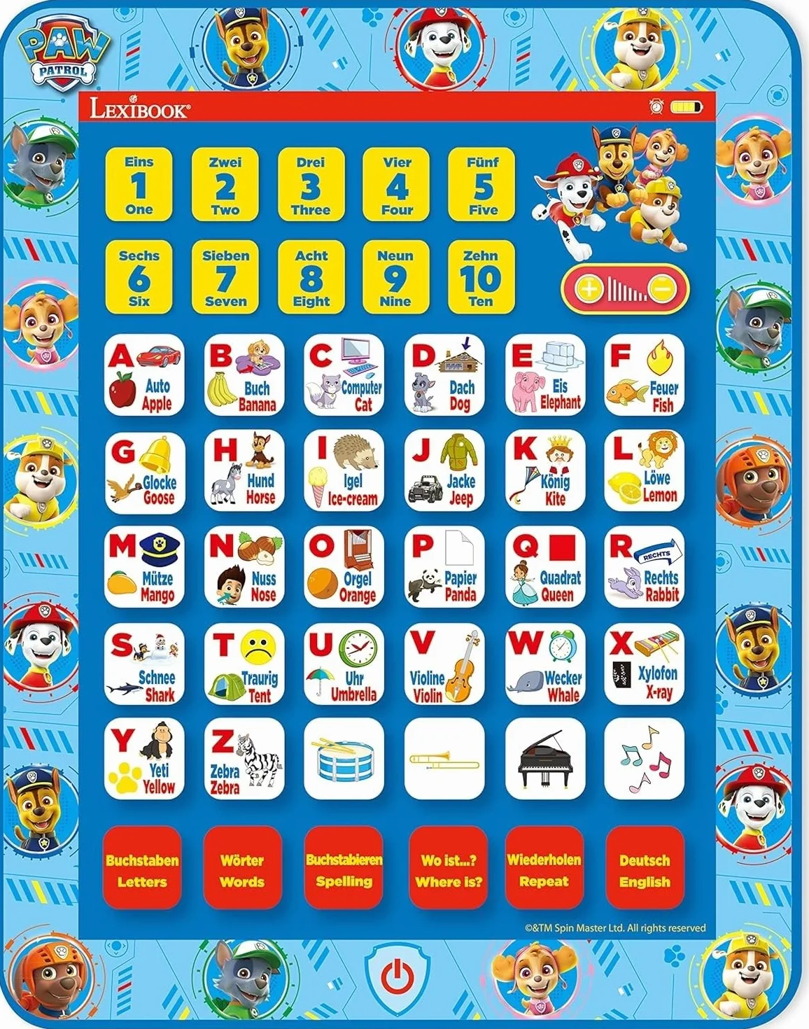 Lexibook JCPAD002PAi3 Psi Patrol Edukacyjny Dwujęzyczny Interaktywny Tablet, Zabawka do Nauki Liter Alfabetu, Cyfr, Słów, Pisowni i Muzyki, Język Angielski, Niemiecki, Niebieski