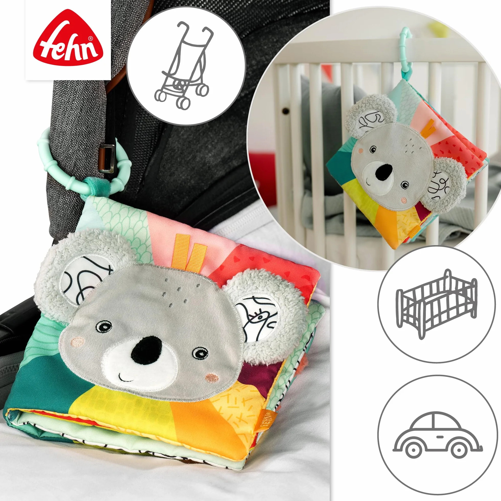 Fehn Stoffbuch Koala – Baby Fühlbuch aus Stoff mit Tier-Motiven: Knisterbuch zum Fühlen, Greifen und Staunen – zum Aufhängen für Kinderwagen und Babyschale – für Babys und Kleinkinder ab 3+ Monaten
