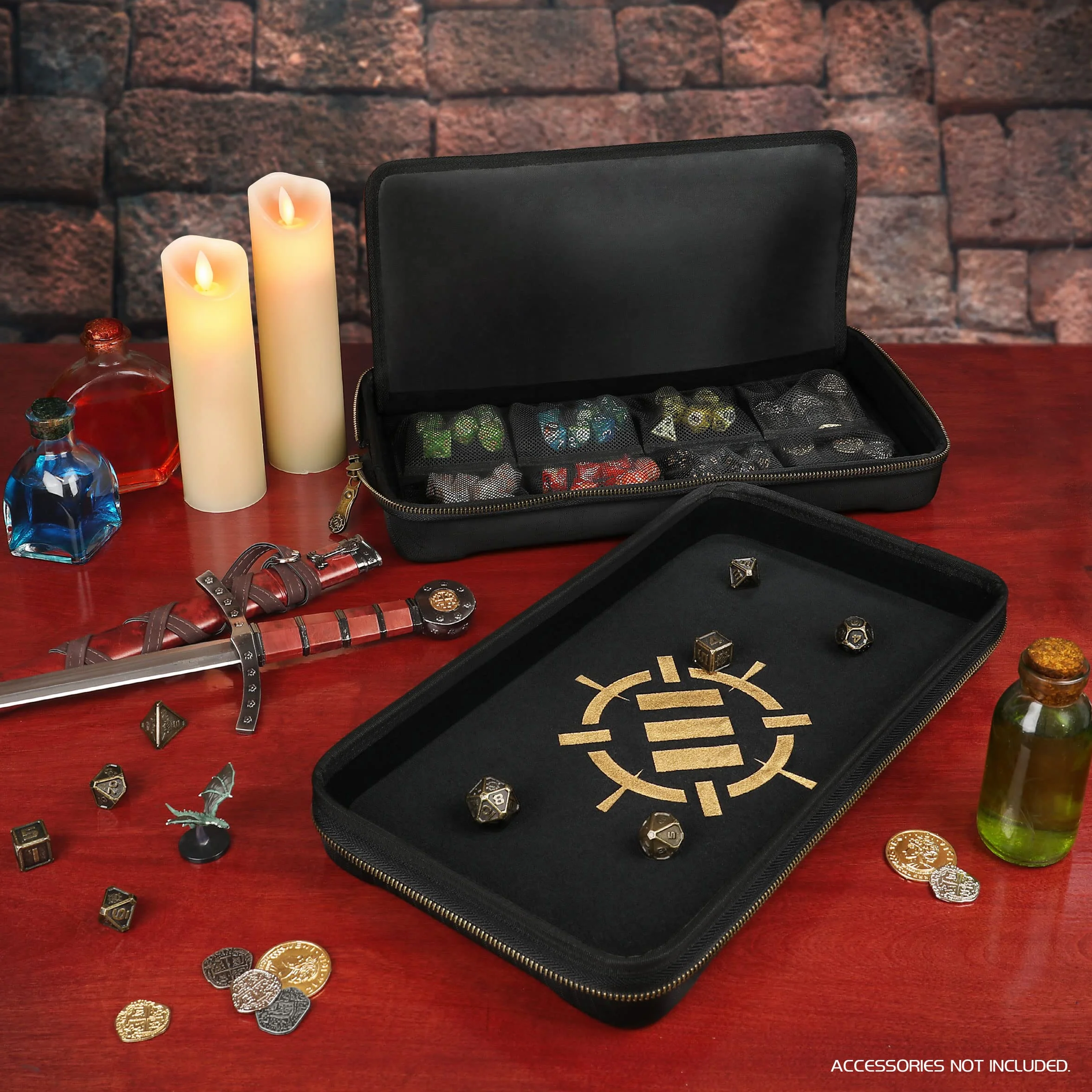 ENHANCE Tabletop Community DnD Dice Case and Tray - uchwyt na kości, przechowywanie do 500 kości RPG, wytrzymały konstrukcja ochronna, miękki wnętrze i kieszenie organizera