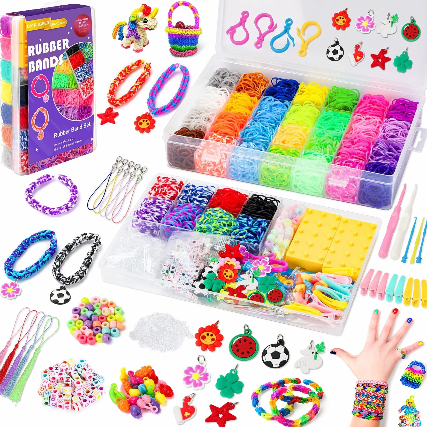 Zestaw 10 000 + tasiemek Loom, 56 rastrów, 36 kolorów, kolorowe taśmy gumowe, zestaw do samodzielnego wykonania, elastyczne bransoletki dla dzieci, do majsterkowania, z koralikami, haczykami, do
