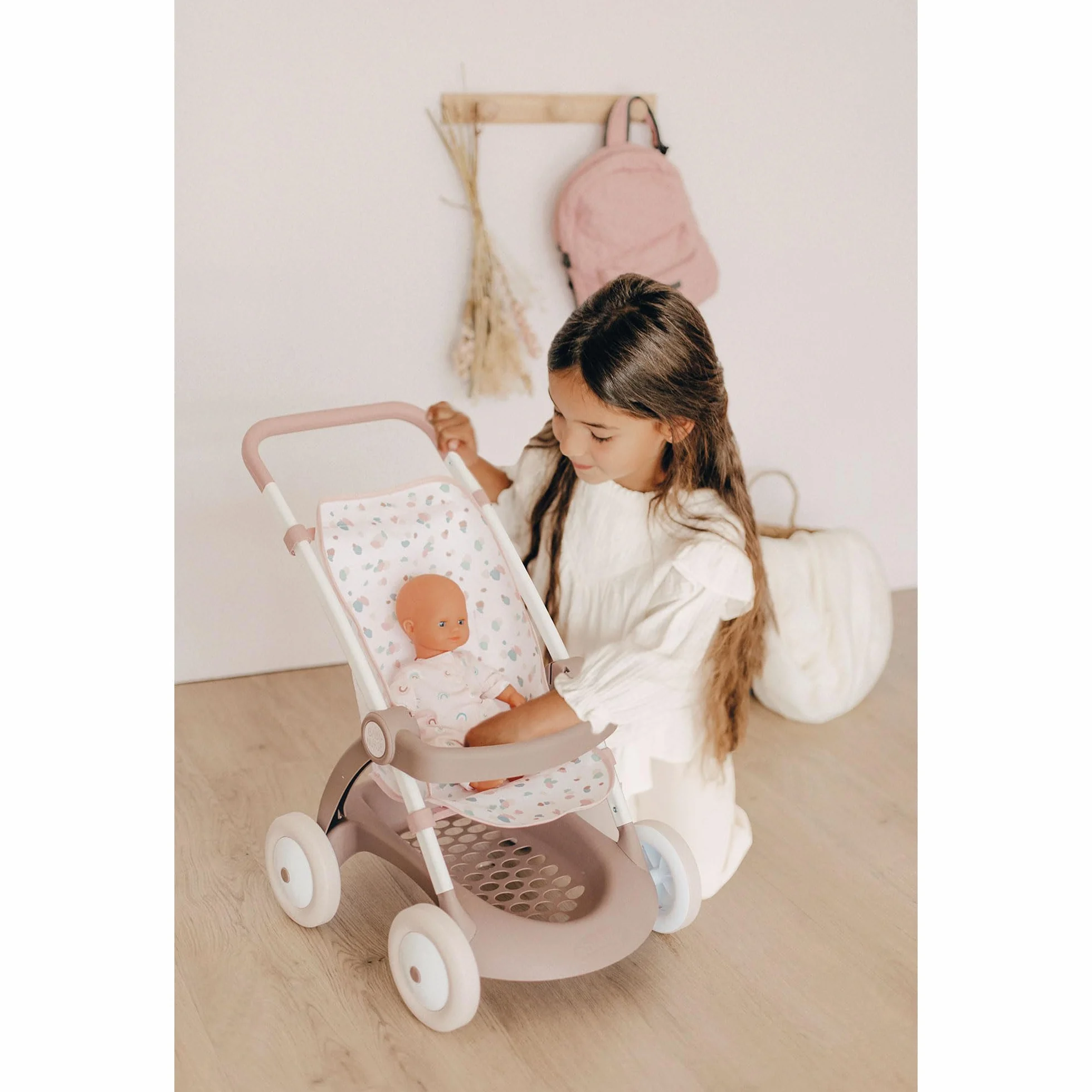 Smoby 7600254018 Baby Nurse Wózek Spacerówka dla lalki do 42 cm z koszykiem, wysokość rączki 58 cm