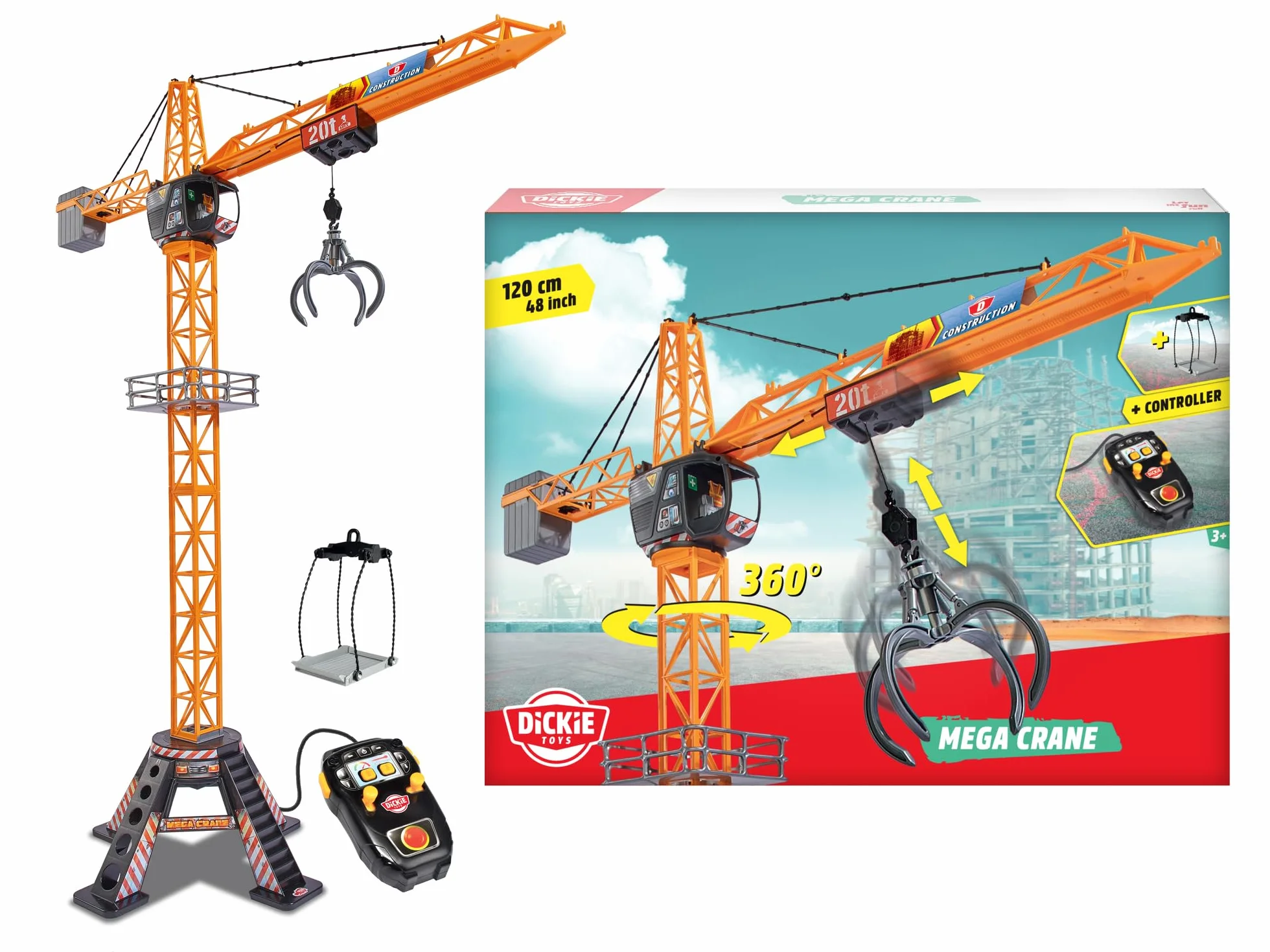 Dickie Toys 201139012 Mega Crane Sterowany Dźwig elektryczny 120 cm, obrotowa kabina o 360°, ramię z chwytakiem, platforma załadowcza, żuraw do zabawy wewnątrz i na zewnąrz dla dzieci od 3 lat