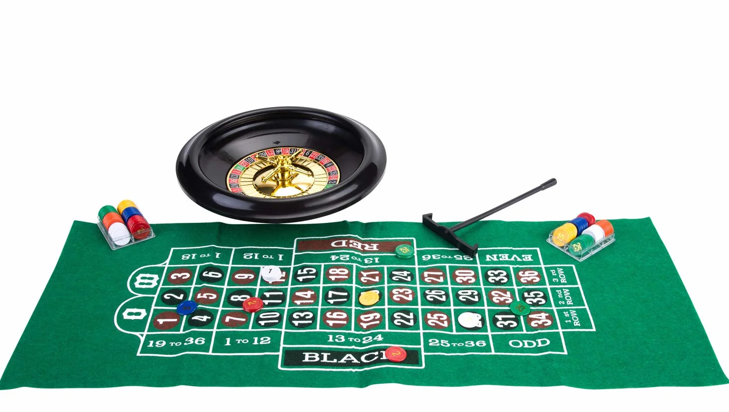 Engelhart – 320403 – Zestaw do ruletki amerykańskiej i blackjacka – dwustronna mata – żetony, karty i grabki krupiera – ruletka 30 cm, mata 60 x 45 cm