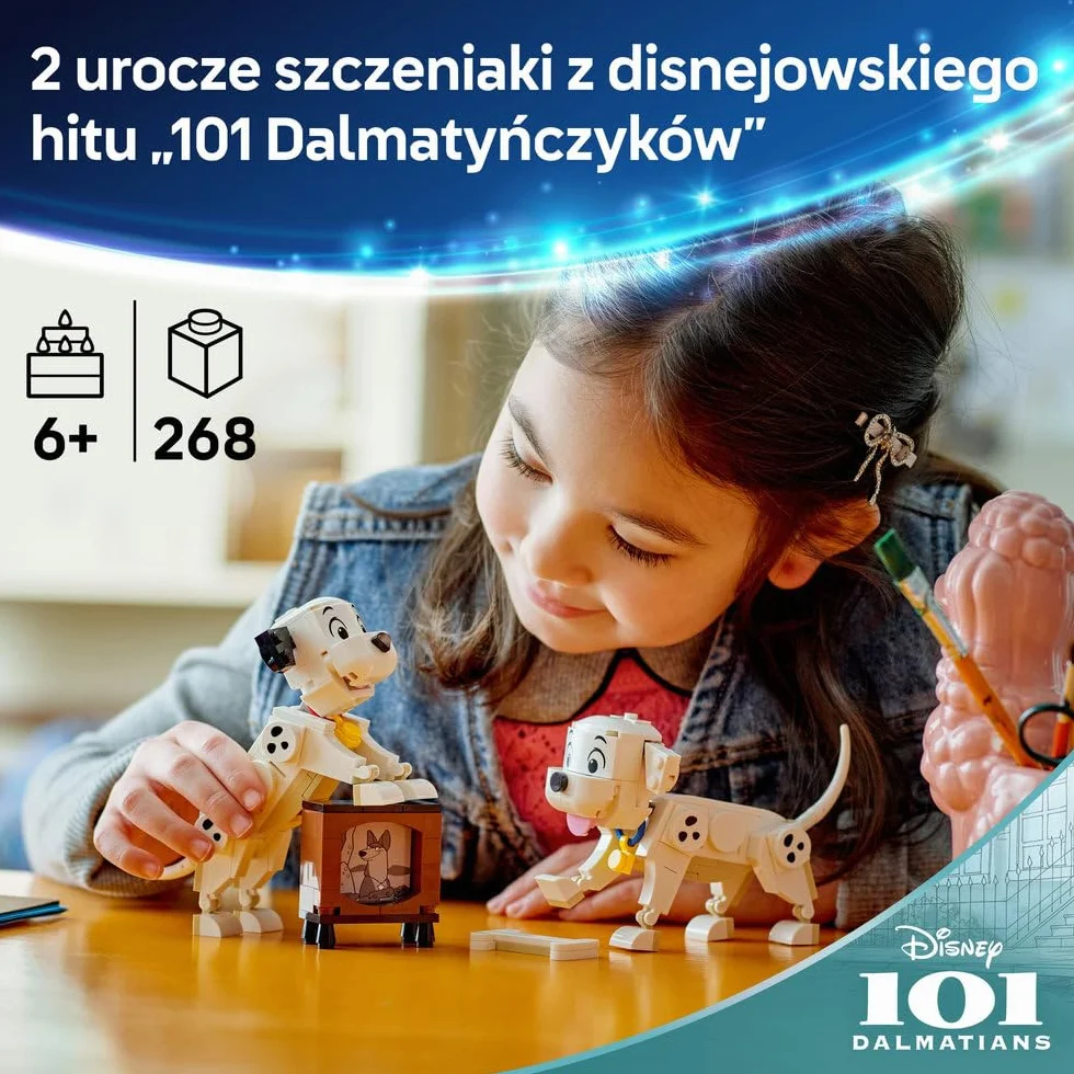 LEGO ǀ Disney Classic 101 dalmatyńczyków — Szczeniaczki Szczęściarz i Penny, zabawka konstrukcyjna, pomysł na prezent dla 6-latki, dziewczynki i chłopca, fanów klasycznych filmów i piesków 43271