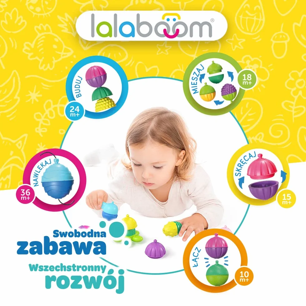 Trefl, Lalaboom - Kulko-klocki Sensoryczne, Zwierzątka - Zestaw 24 Elementów, Zabawka 4w1, Klocki dla Maluchów, Rozwój Motoryczny, Bezpieczna Zabawka Edukacyjna dla Dzieci od 10 miesięcy