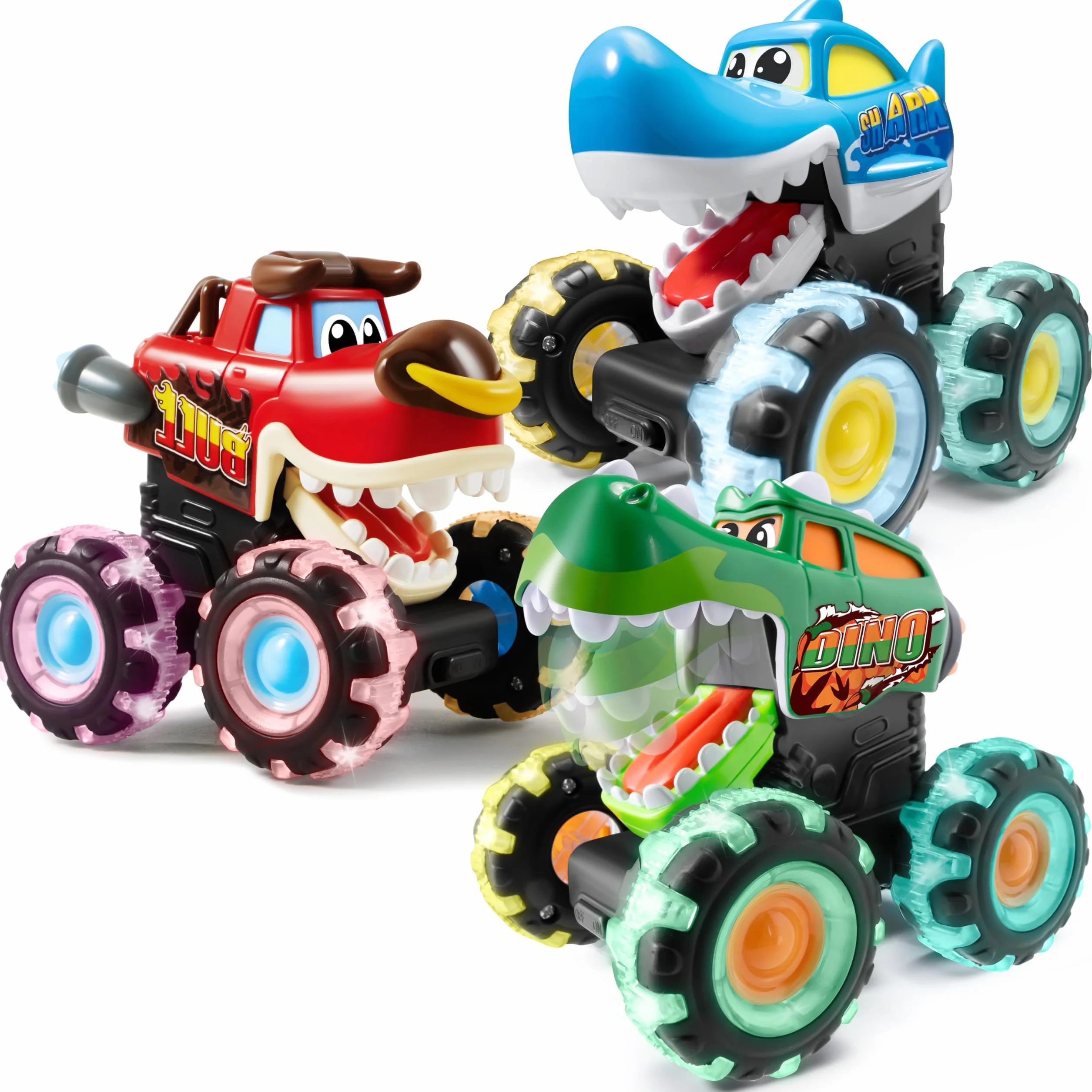 JOYIN 3 Pack zabawki Monster Truck dla chłopców i dziewczynek w wieku 1 2 3 4 5 6, samochody z podświetleniem aktywowanym ruchem, Monster Treads Lightning Wheels, prezent dla dzieci - zabawkowe