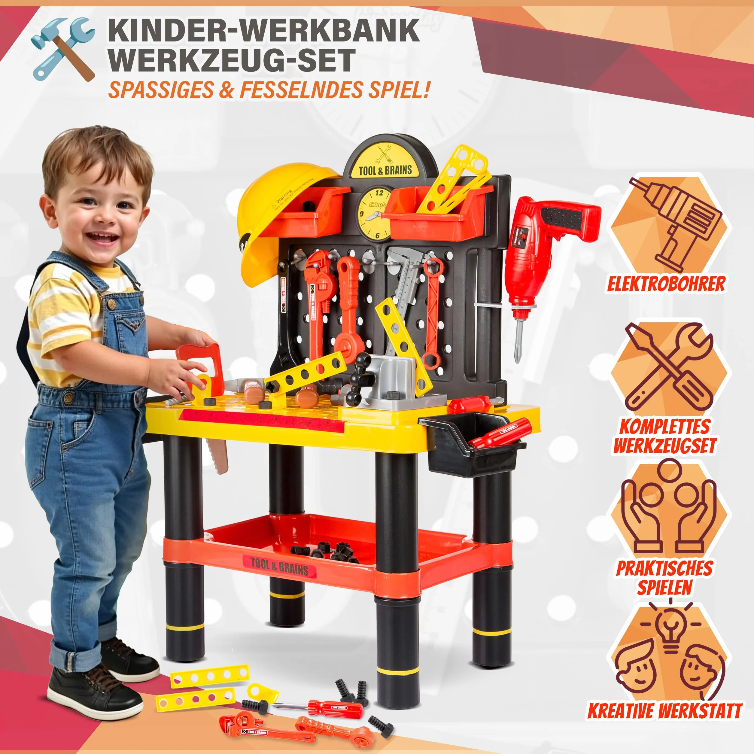 Kinderplay Warsztat dla Dziecka - warsztat dla dzieci, zestaw majsterkowicza z wiertarką i kaskiem, KP2646