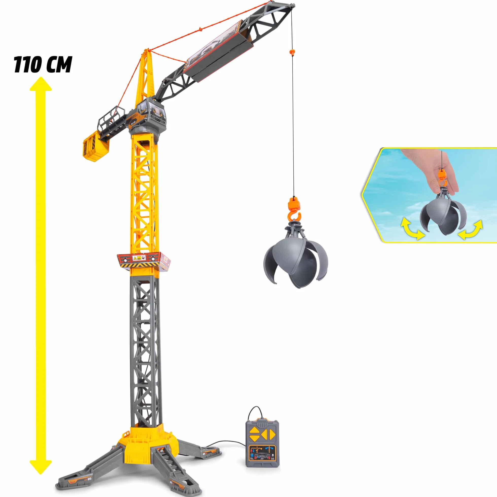 Dickie Toys 203729022 Volvo Dźwig Zdalnie sterowany, obrót 360°, kula wyburzeniowa z funkcją otwierania i chwytania przedmiotów, wysokość: 110 cm.