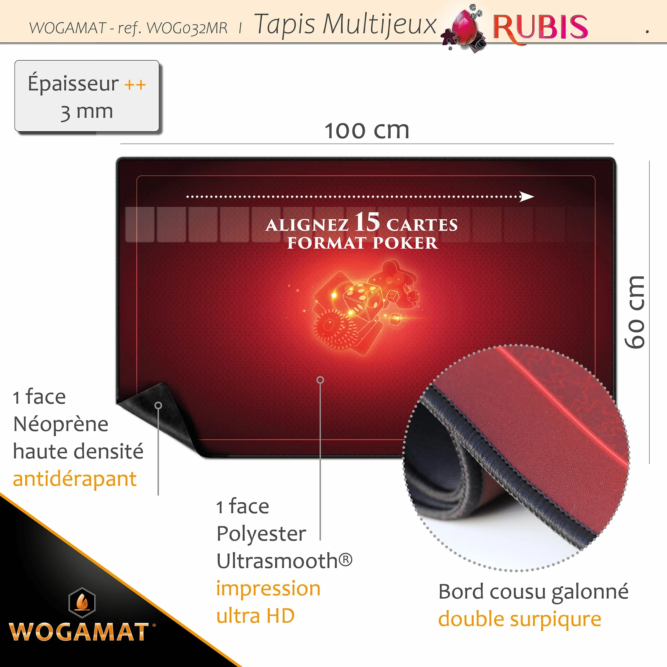 WOGAMAT - Rubinowy czerwony neopren mata do gry o dużej długości 60 x 100 cm do gier karcianych, gier planszowych, gier planszowych - antypoślizgowy gruby cichy neopren, zmywalny, luksusowy dywan do