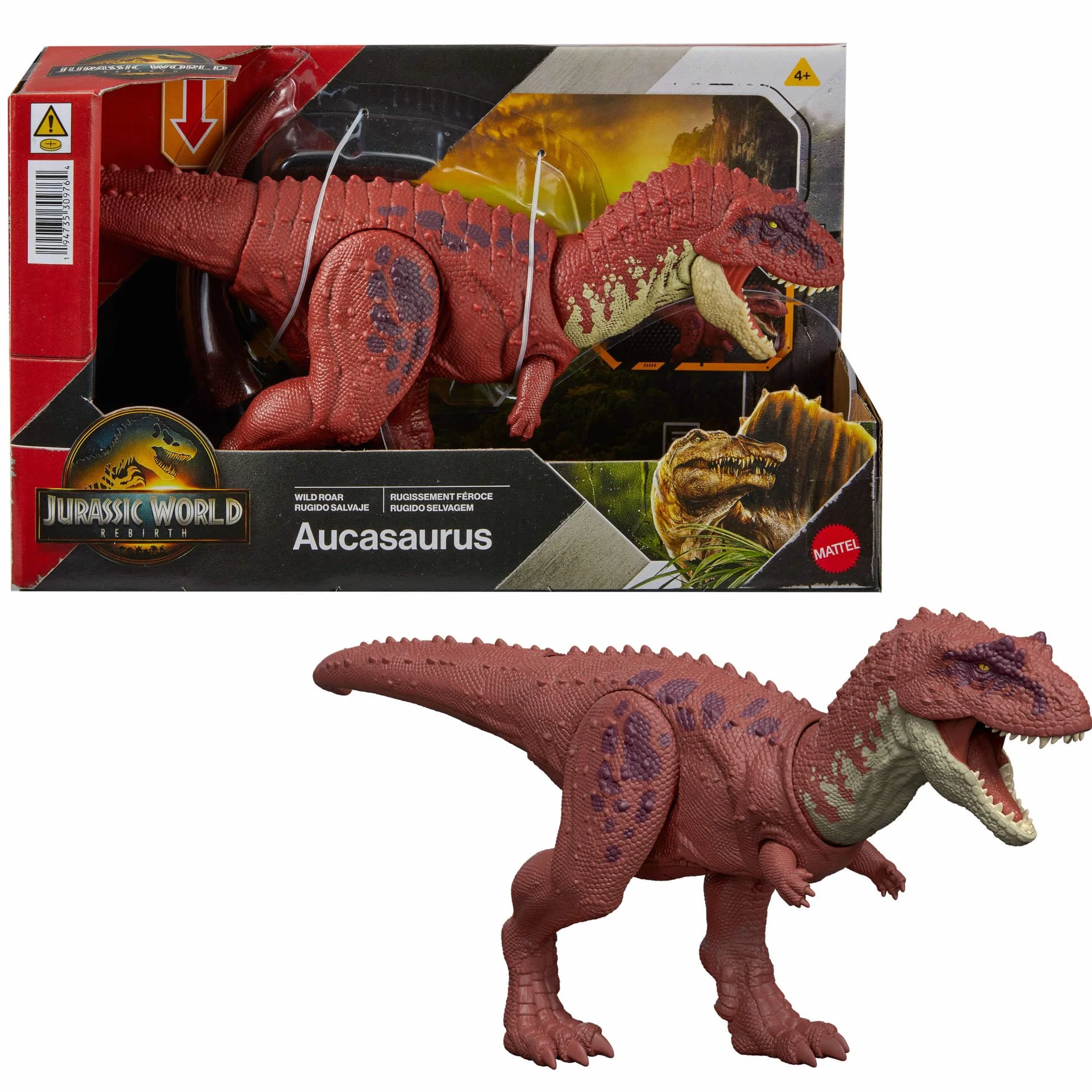 Mattel Jurassic World Rebirth Odrodzenie Aukazaur Ryczący dinozaur Figurka dinozaura z wielokierunkowym atakiem paszczą i dźwiękiem, do ustawiania w różnych pozach, zabawka dinozaur dla dzieci, JGB88