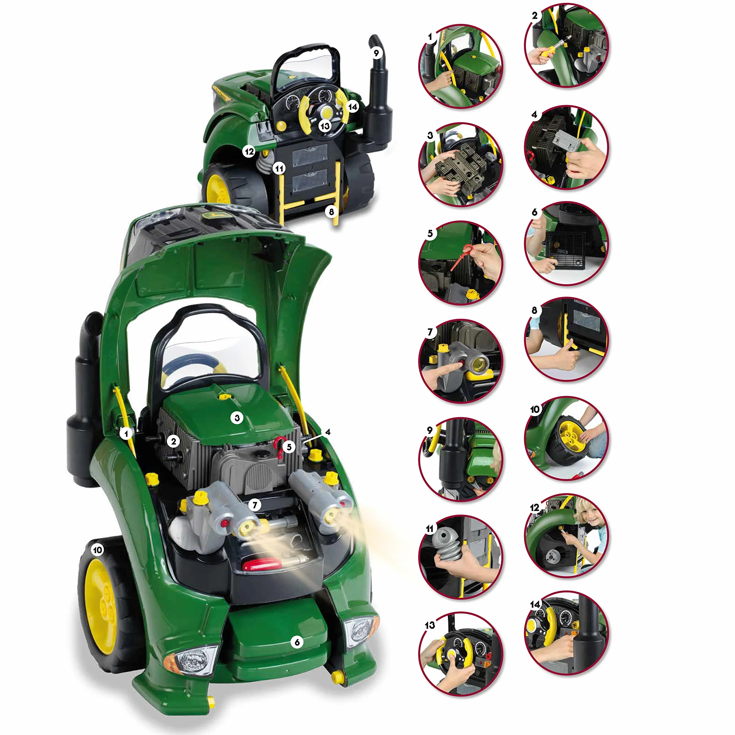 Theo Klein 3916 Traktor John Deere | Składająca się z 56 części silnika traktora z licznymi funkcjami do przykręcania i majsterkowania | Dla dzieci w wieku od 3 lat