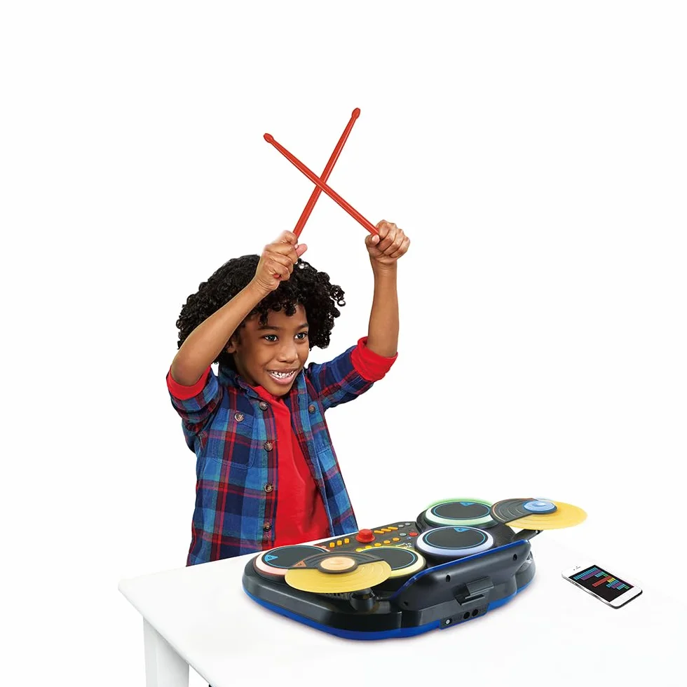 VTech Kidi DJ Drums, elektroniczny akumulator dla dzieci z podkładkami świecącymi, grami muzycznymi, trybem Bluetooth i wbudowanym mikrofonem, pałeczkami w zestawie, język włoski, baterie w zestawie,