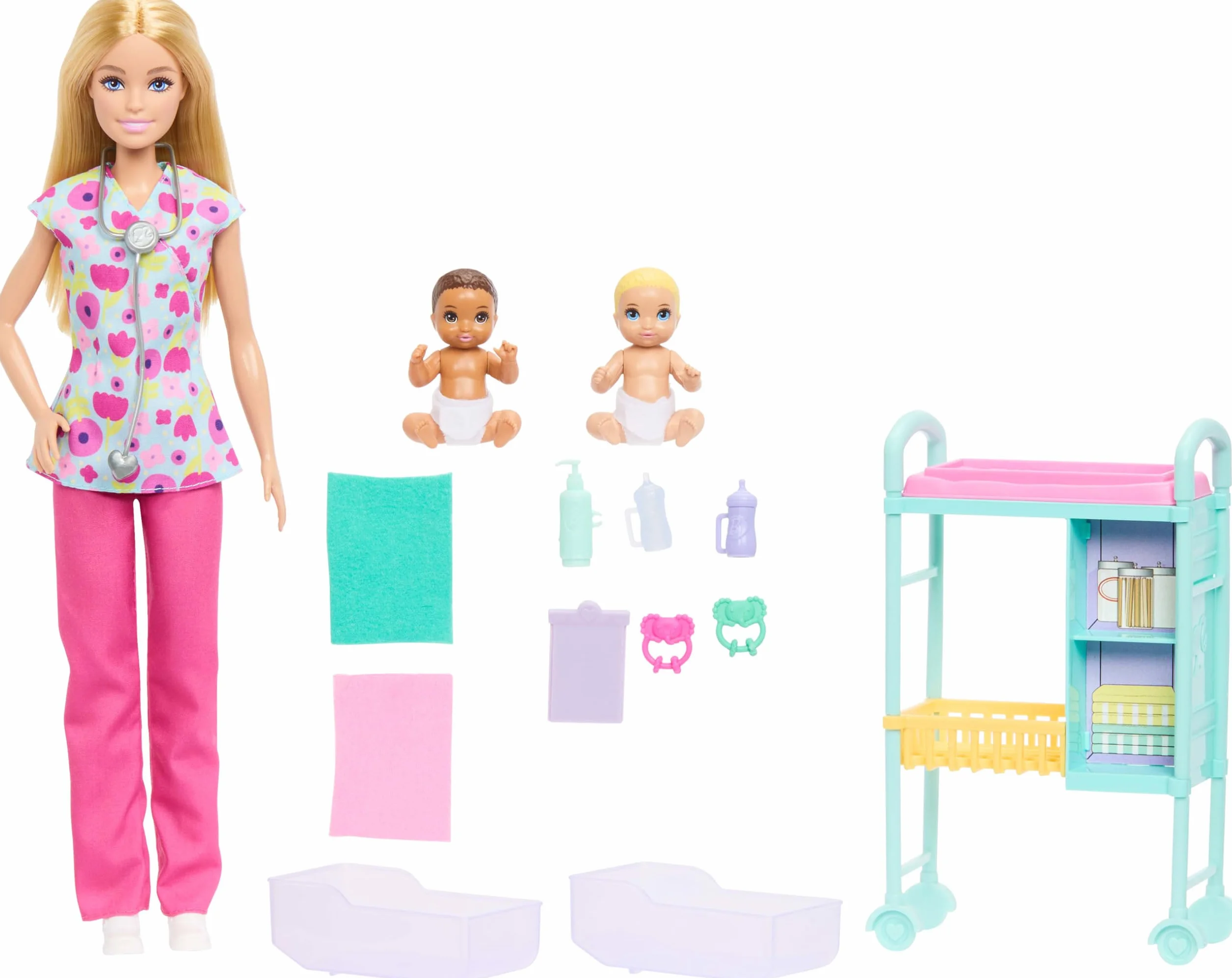 Barbie Kariera Pediatra Zestaw, lalka blondynka ubrana w strój lekarski, 2 lalki bobasy, stół do badań i akcesoria, zabawka dla dzieci 3+, JMK12