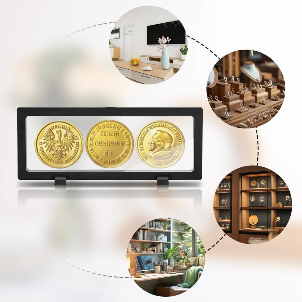 5 szt. przezroczystych 3D pływających etui z 10 uchwytami – czarna ramka na monety na medale AA, biżuterię, muszle, skamieniałości (230 x 90 x 20 mm)