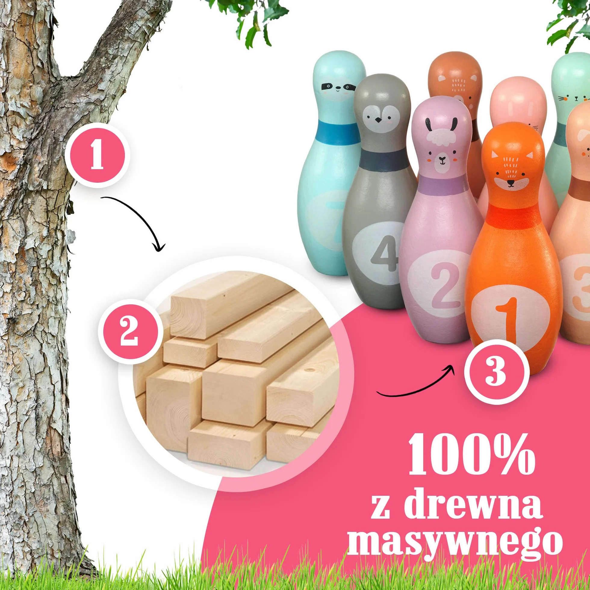 Pink Papaya Kręgle Drewniane dla Dzieci 12-Częściowy Zestaw