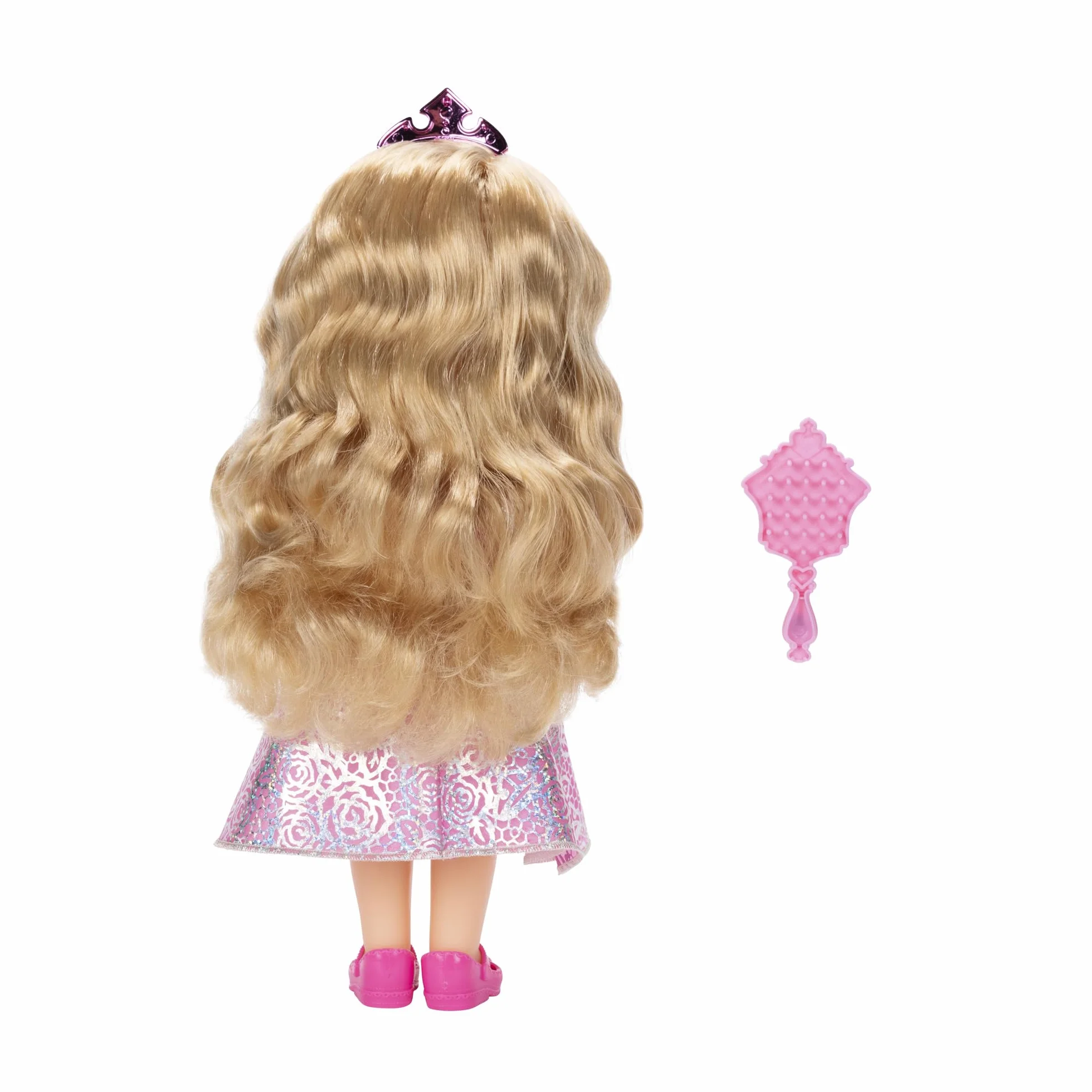 Disney Princess Modna lalka Aurora, 14"/35 cm wysoka lalka z królewskimi oczami refleksyjnymi zawiera błyszczącą platynową sukienkę z nadrukiem holofoilu, buty, tiara i pędzel, idealna dla dziewcząt w