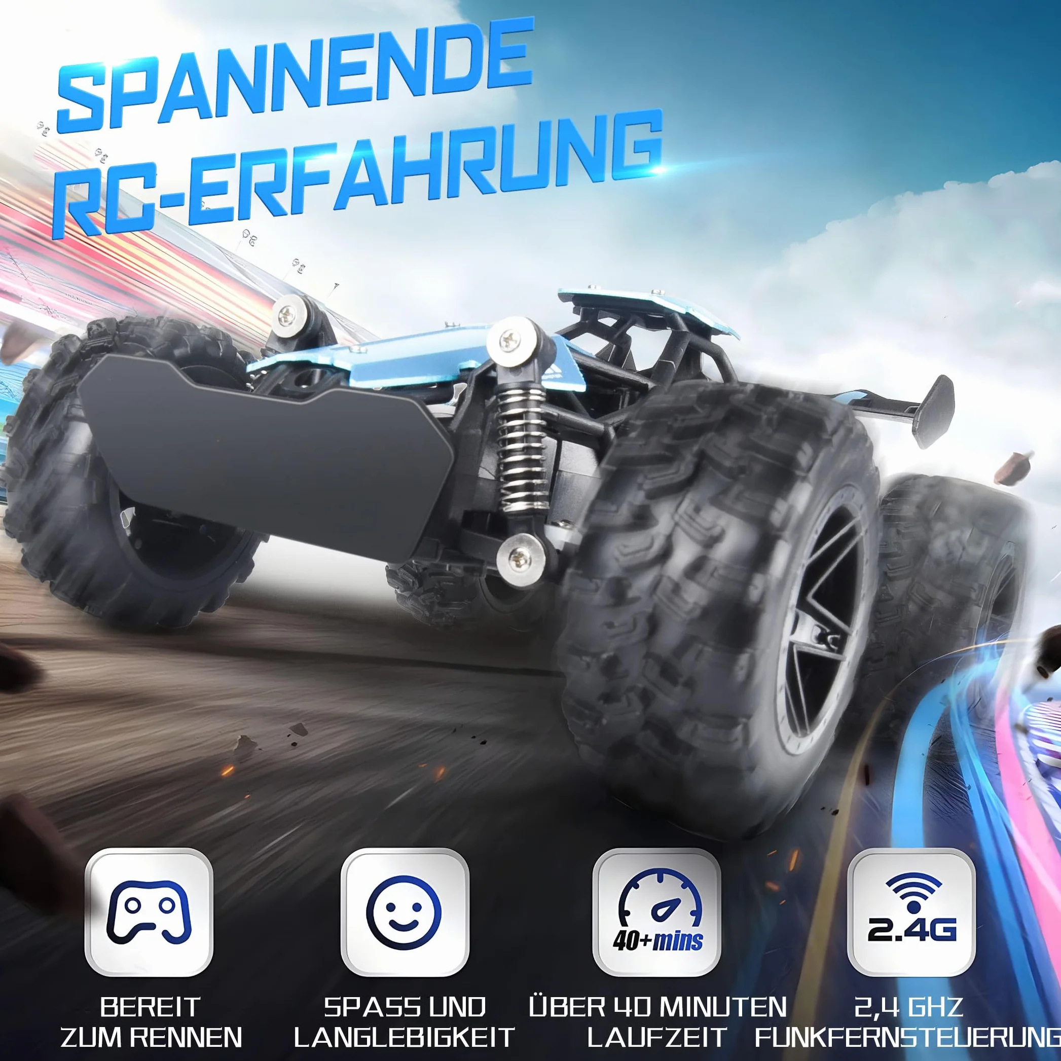 Zdalnie Sterowany Samochód, 2,4 GHz 1:18, proporcjonalny 2WD 20+ km/h, Hobby, Offroad RC Auto, Wodoszczelny, RC Car dla dzieci ab 6 lat,Niebieski