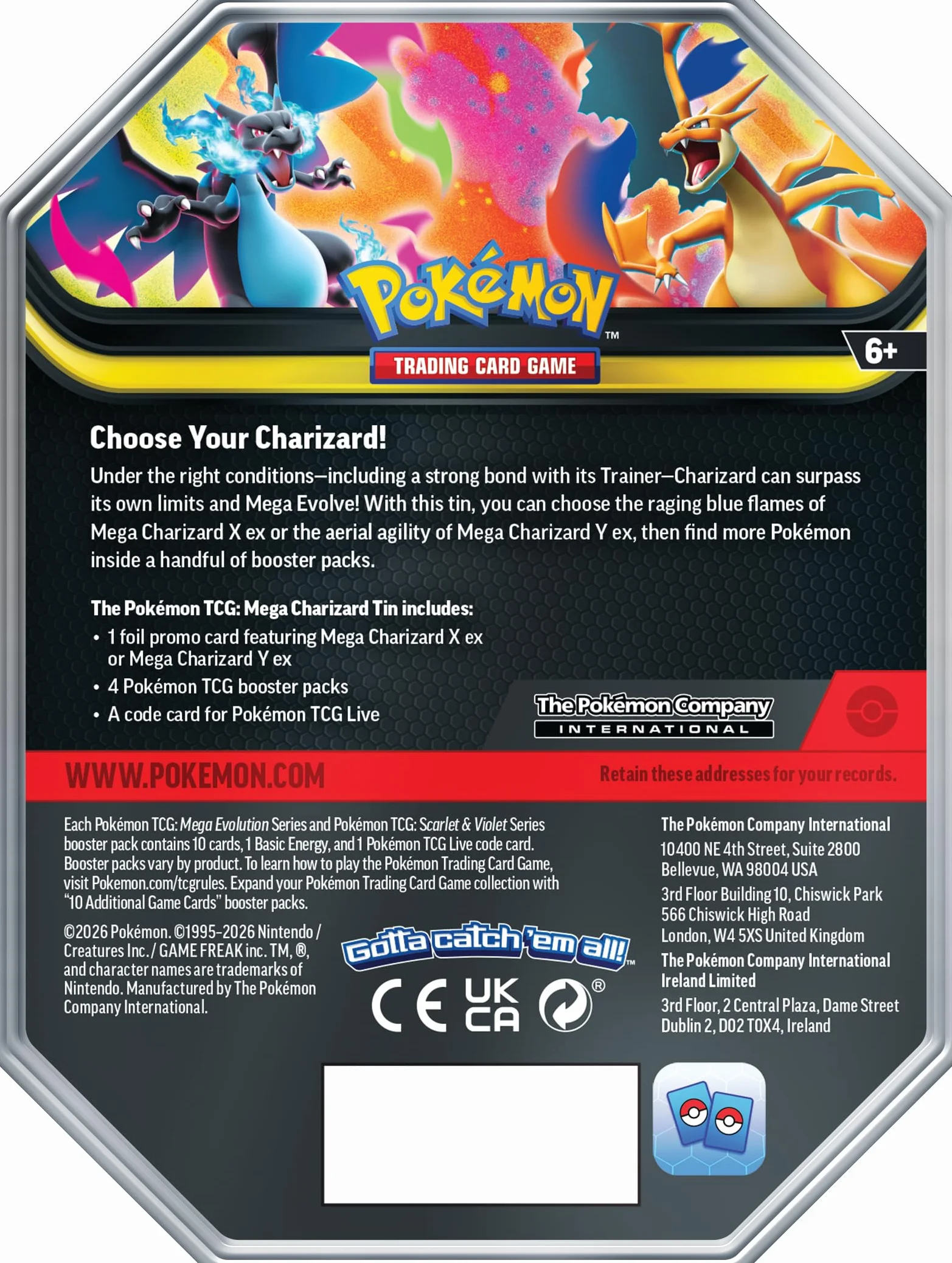 Pokémon TCG: Mega Charizard Tin - Mega Charizard Y ex (4 boostery i 1 foliowa karta promocyjna)