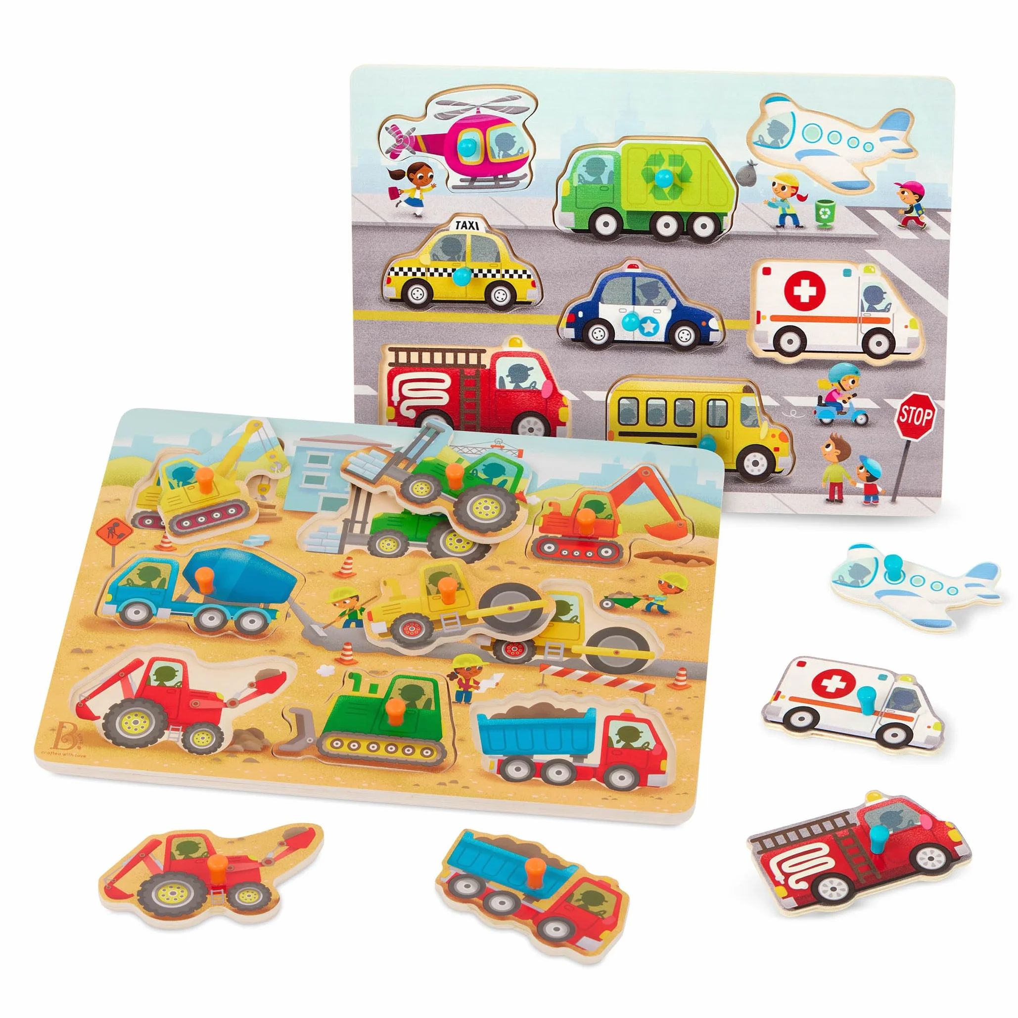 B. toys Drewniany Peg 8-częściowy zestaw puzzli dla maluchów – samochody, 2 lata + Peek & Explore Construction Trucks & Vehicles