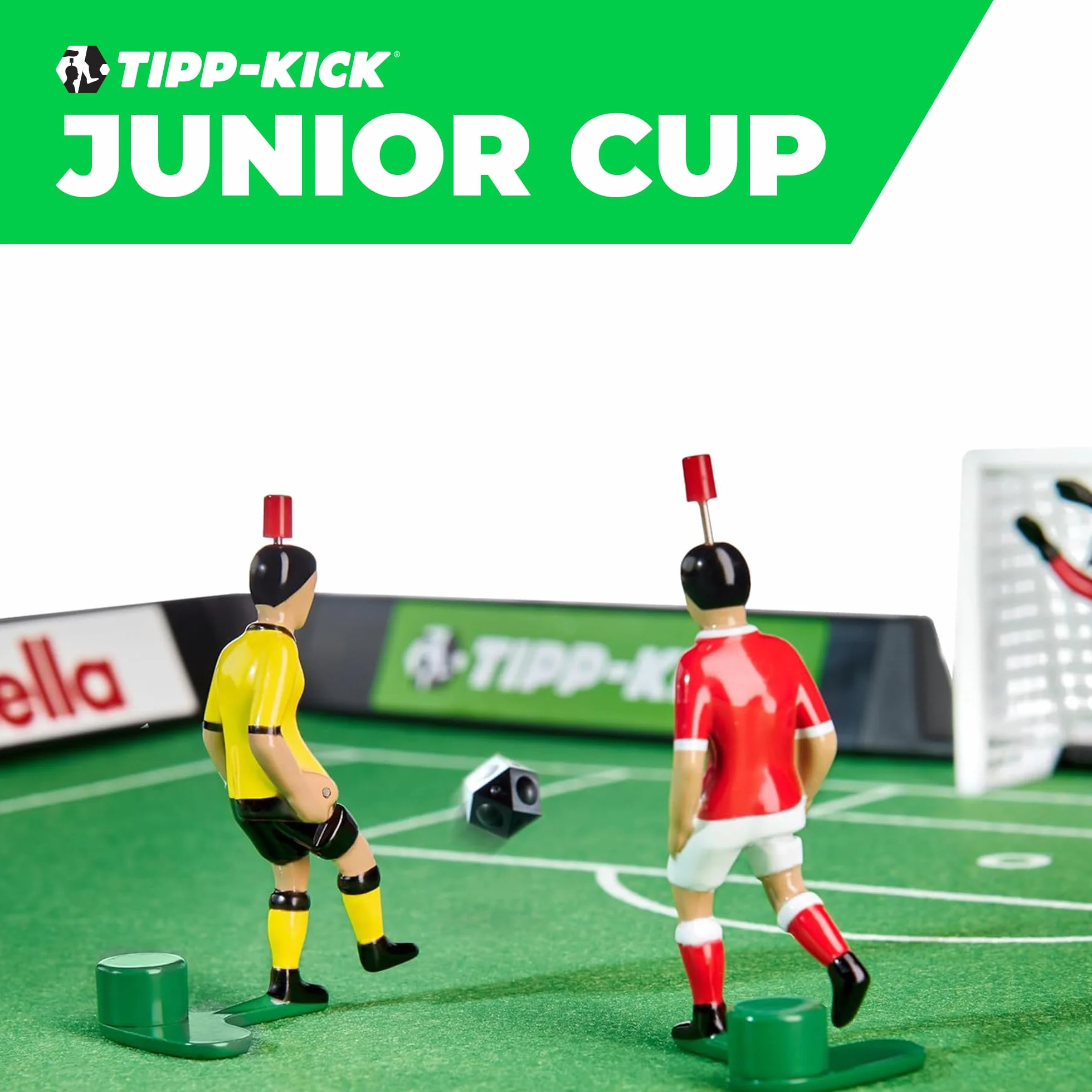 TIPP-KICK Puchar Juniora z deską 80 x 56 cm – zestaw gotowy do gry z 2 graczami, 2 x bramkarzem, 2 x plastikowa bramka, 2 x piłka I filcowe boisko do gry