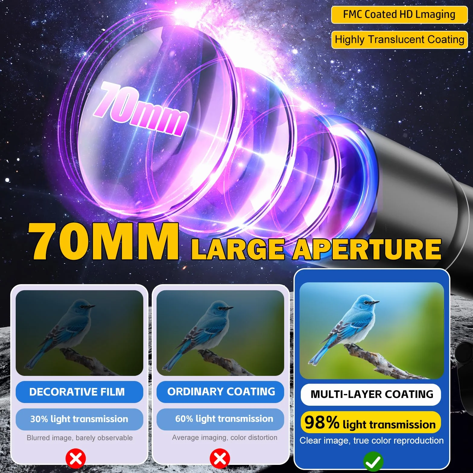 Teleskop Astronomiczny 500/70mm, 200x, ze statywem, adapter do telefonu, filtr księżycowy i 3 okulary, dla początkujących i dzieci