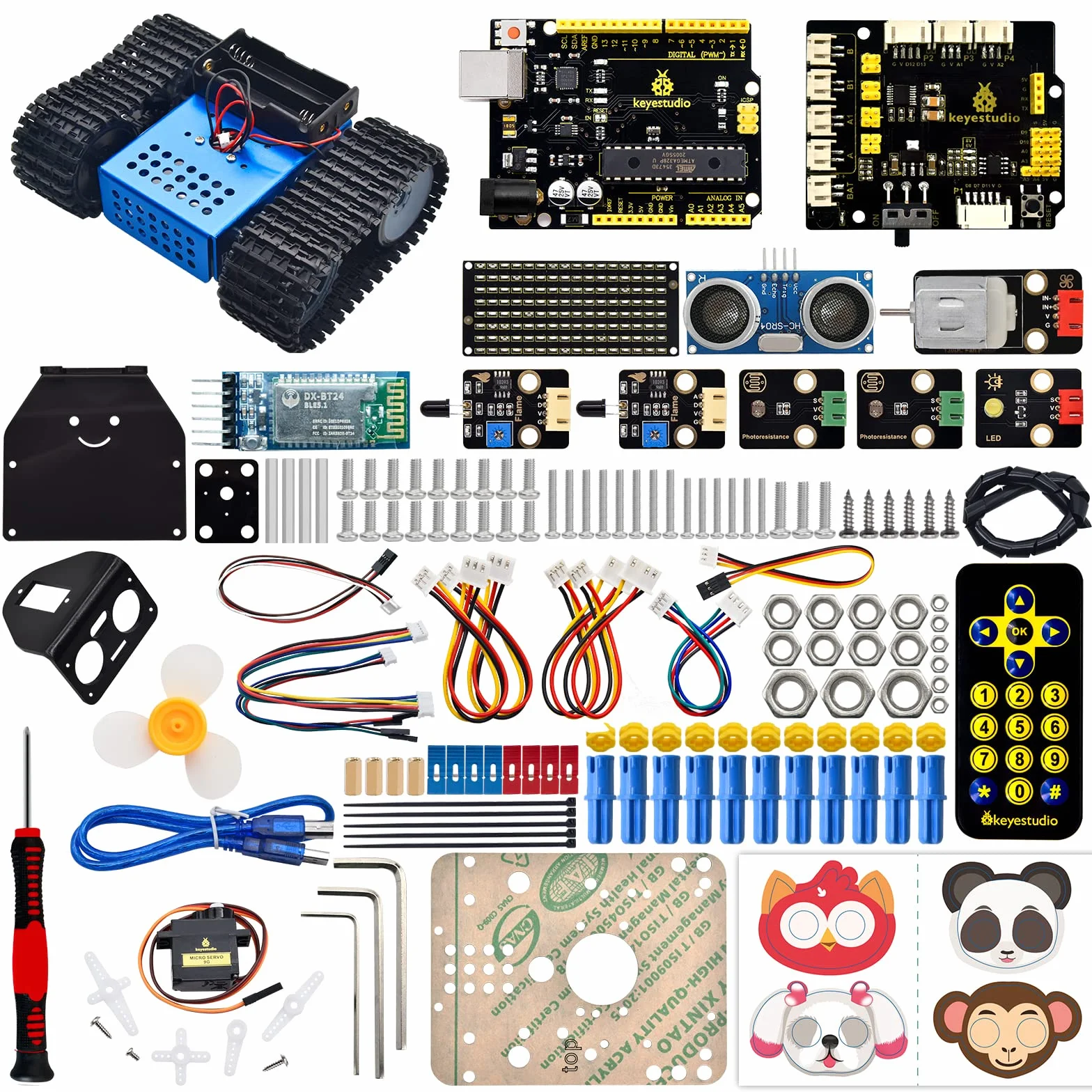 KEYESTUDIO Smart Robot Car Kit zestaw kompatybilny z Arduino IDE elektronika z mikrokontrolerem, moduł śledzenia linii, czujnik ultradźwiękowy, moduł Bluetooth, robot do zabawy dla dzieci