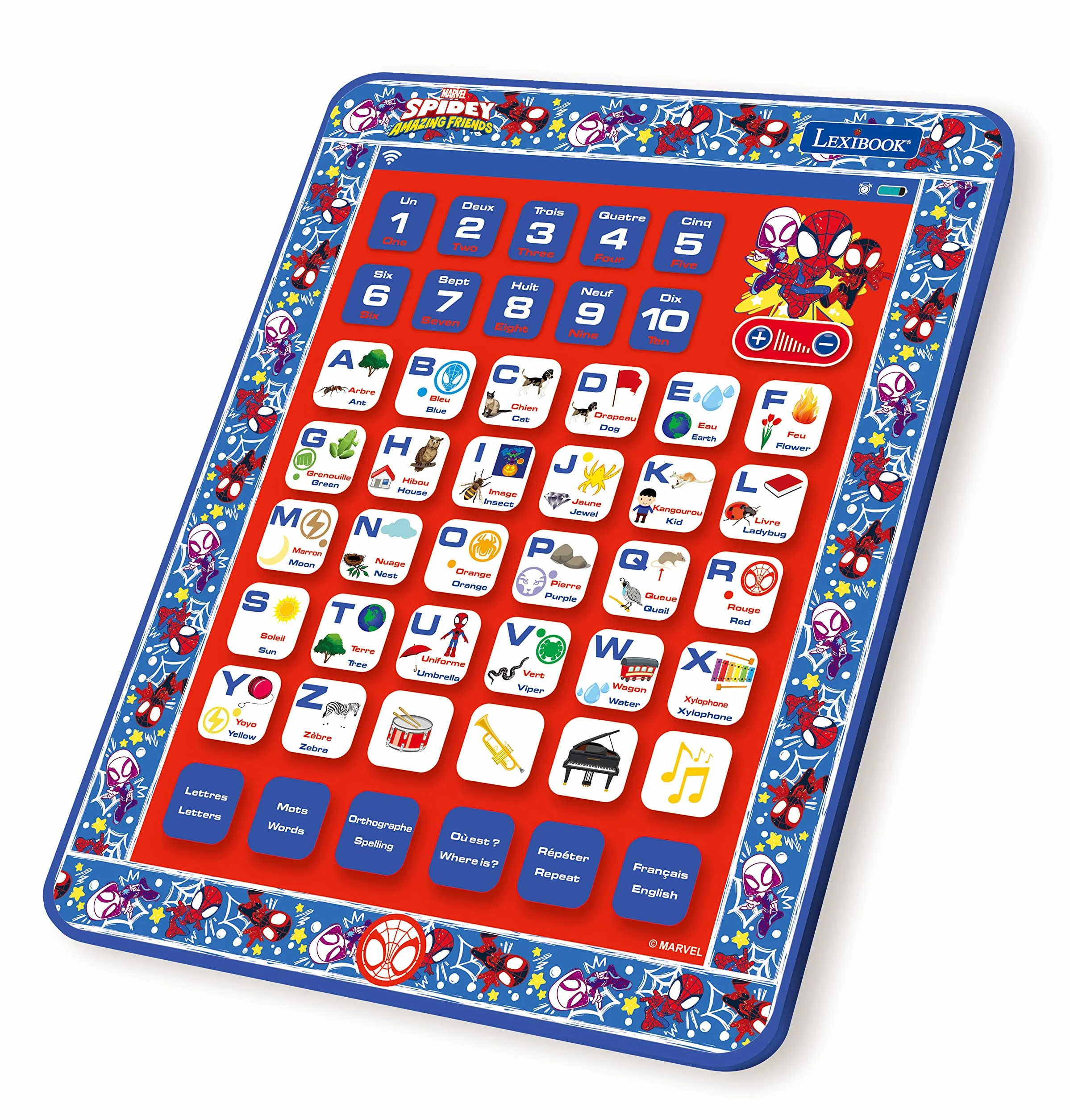 Lexibook, Spidey And His Amazing Friends, Dwujęzyczny Tablet Edukacyjny, Języki Francuski, Angielski, Litery, Liczby, Fortepian, Quiz, JCPAD002SPi1