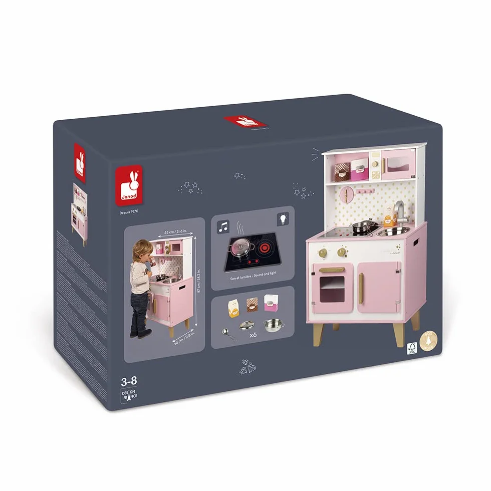 Janod - Candy Chic Big Wooden Cooker for Children - Equipped with Fridge and Microwave, Sound and Light - Pretend Play - 6 Accessories Included - For children from the Age of 3, J06554, Pink and White