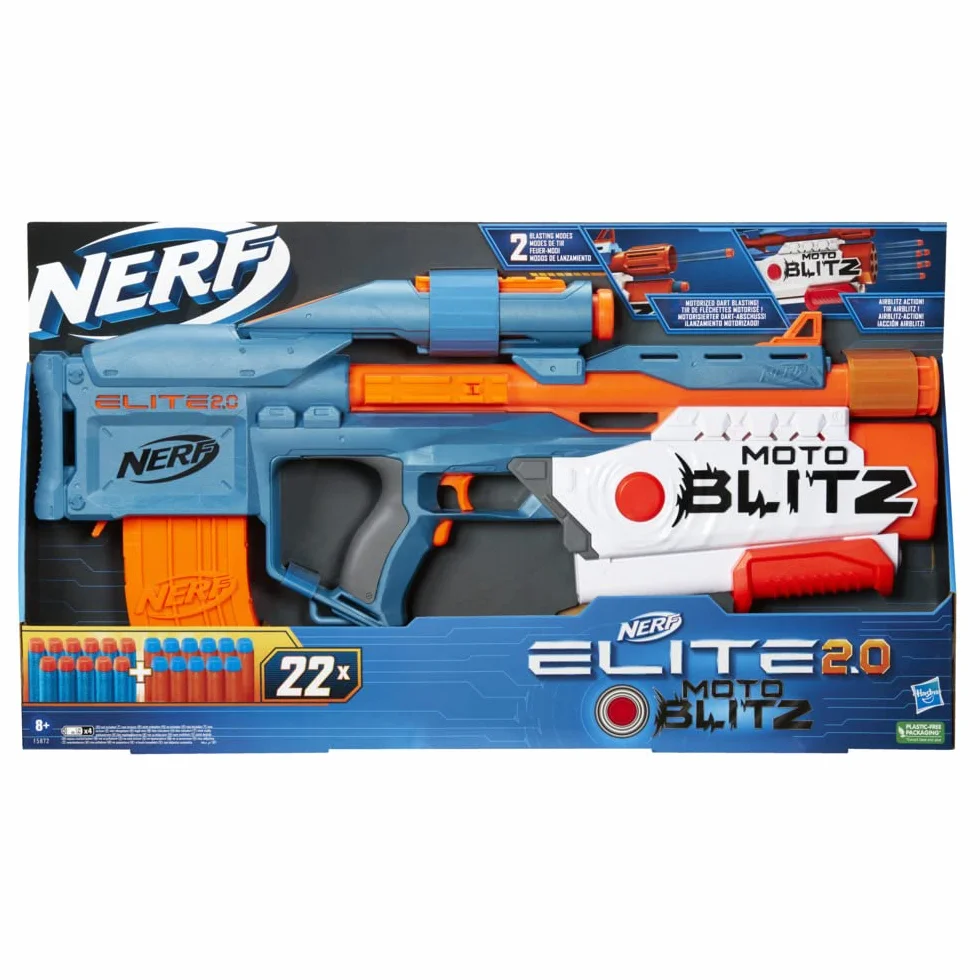 Wyrzutnia Nerf Elite 2.0 Motoblitz, zautomatyzowane wystrzeliwanie 10 strzałek, wystrzeliwanie 6 strzałek naraz funkcją Airblitz, magazynek, 22 strzałki Elite