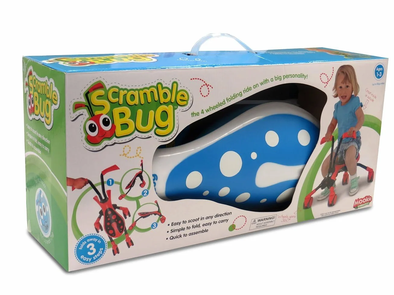 TP Toys Scramblebug Tide 4 koła - suwmiarka składana 360° - ciche kółka odporne na zarysowania - mobilność wewnątrz i na zewnątrz - od 12 miesięcy - niebiesko-biała konstrukcja owadów