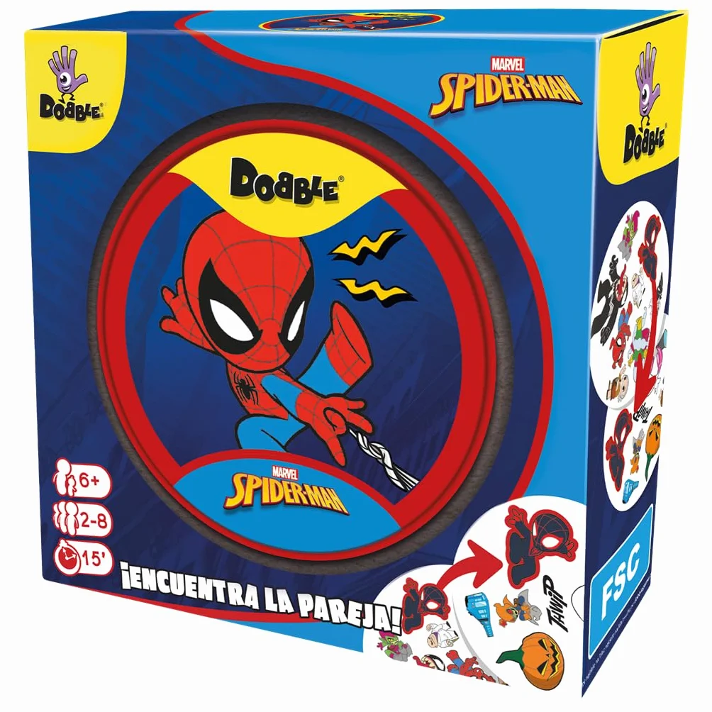 Asmodee Dobble Spiderman, obserwacja i szybkość gry karcianej dla dzieci i dorosłych, gra planszowa, 15 minut gry, od 6 lat, 2-8 graczy