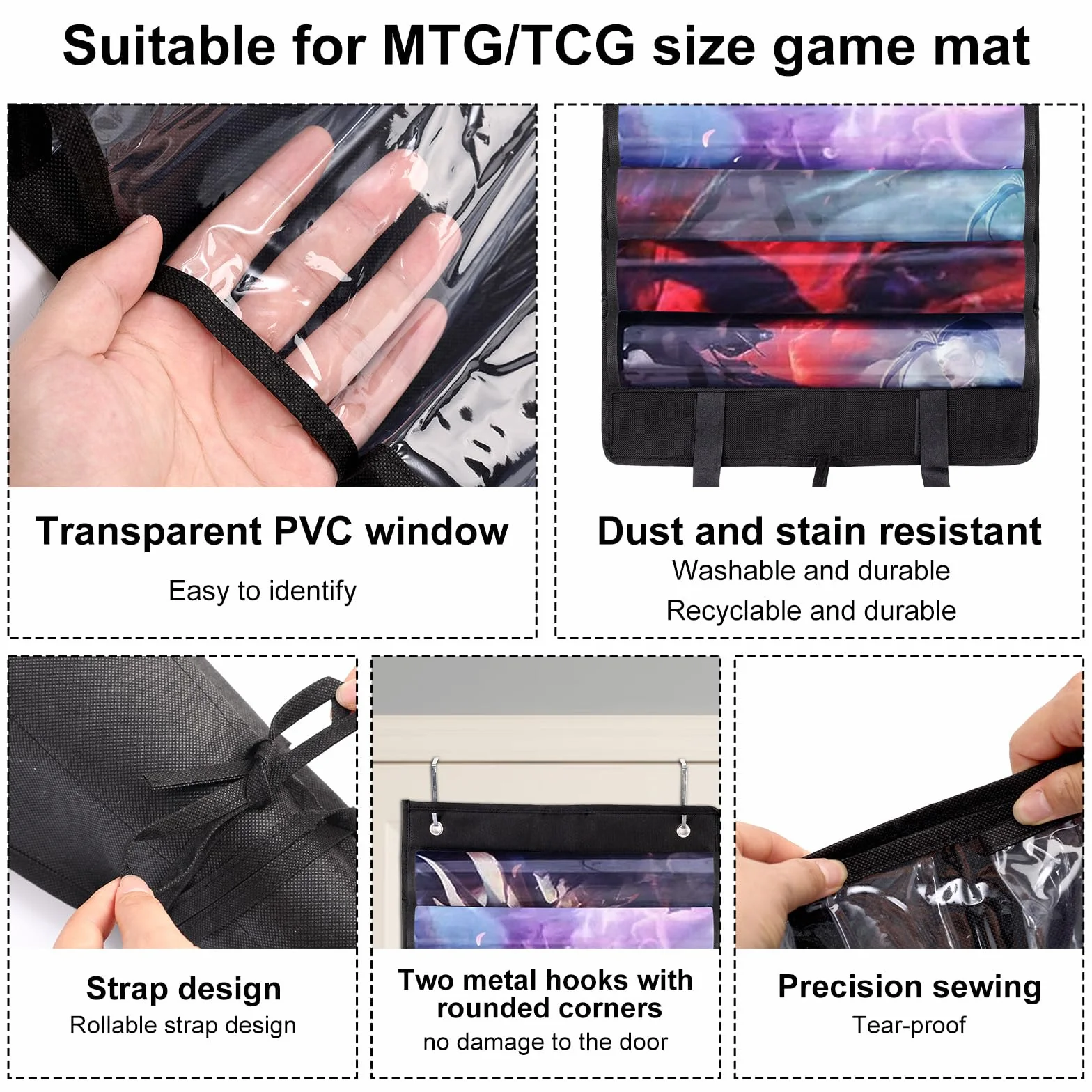 Uchwyt Gry Matę do MTG/TCG/RPG, Przenośna Tuba Przechowywania Mat Mieści 12+1 Mat do Gry i Ma Przezroczyste Przegródki z 2szt Haczykami Wiszący Organizer Akcesoria(Czarny)