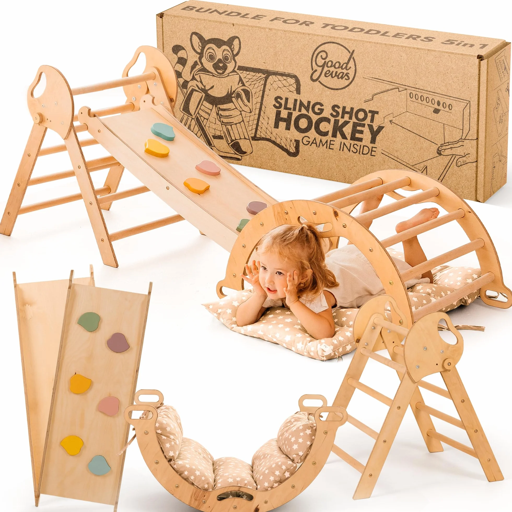 Goodevas Montessori zestaw rusztowań wspinaczkowych 5 w 1: do wnętrz, trójkąt wspinaczkowy, łuk wspinaczkowy z poduszką i zjeżdżalnią dla dzieci, plac zabaw dla dzieci w wieku 1-3 lat