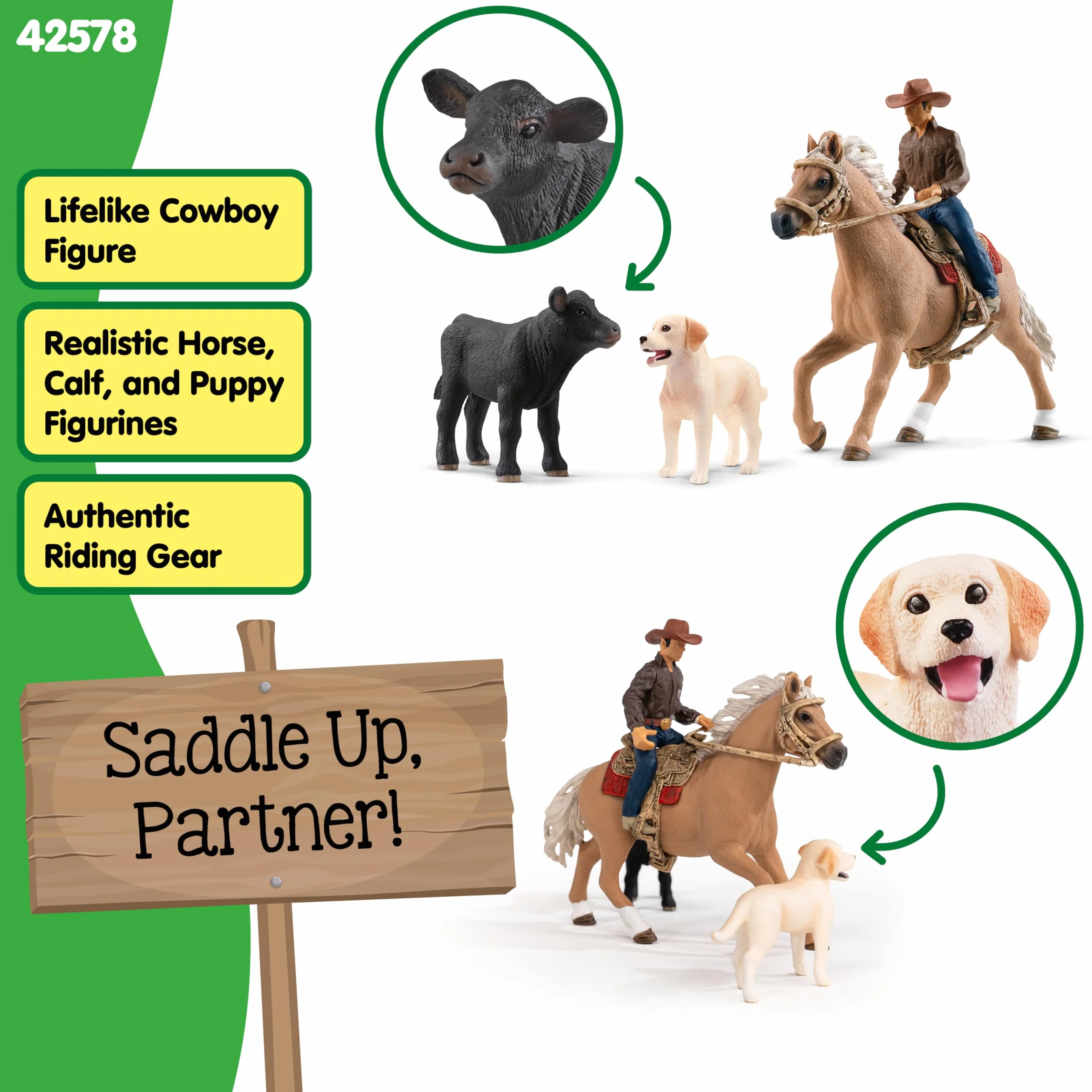 Schleich FARM WORLD Jazda westernowa 42578 zestaw farma z kowbojem, koniem, cielęciem i psem 6 elementów