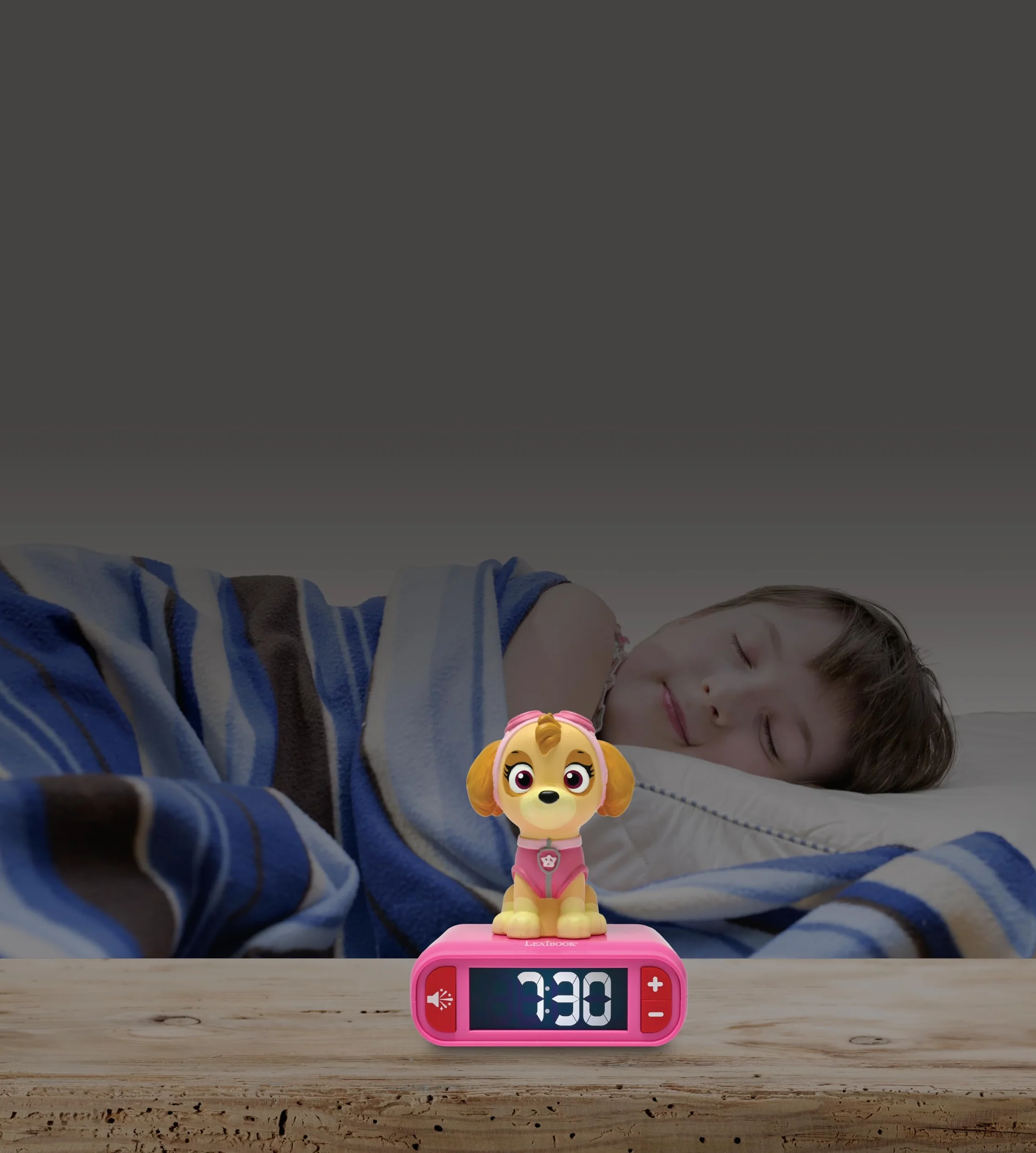 Lexibook PAW Patrol budzik nocny z dźwiękami i melodiami, podświetlany ekran LCD, różowy