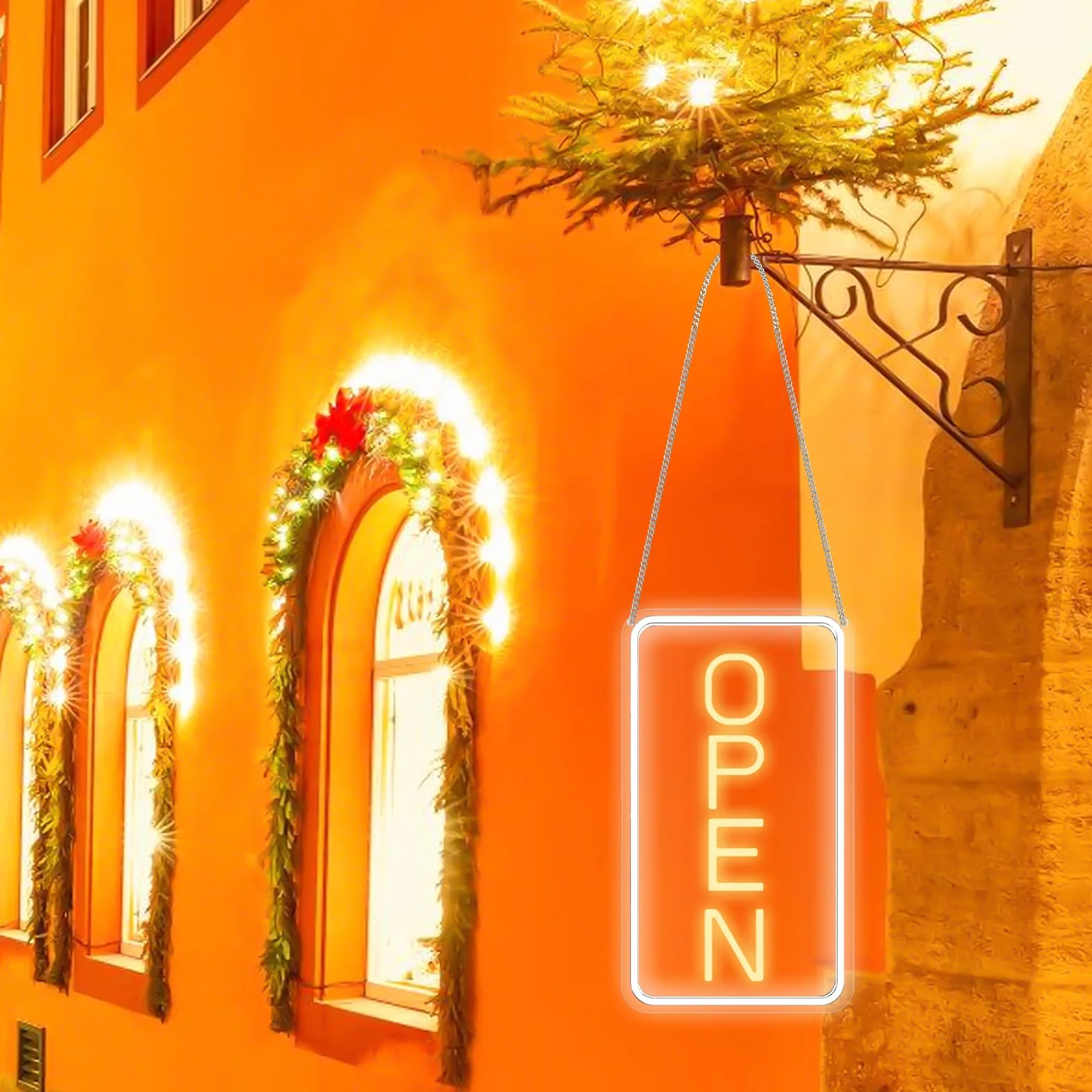 Open Neonowy szyld LED z adapterem wł./wył. 12 V, regulowana jasność, otwarta tabliczka do sklepu, baru, salonu, sklepu i kawiarni, żółto-biała, szyld reklamowy LED, neonowy znak, 18 x 38 cm, pionowa