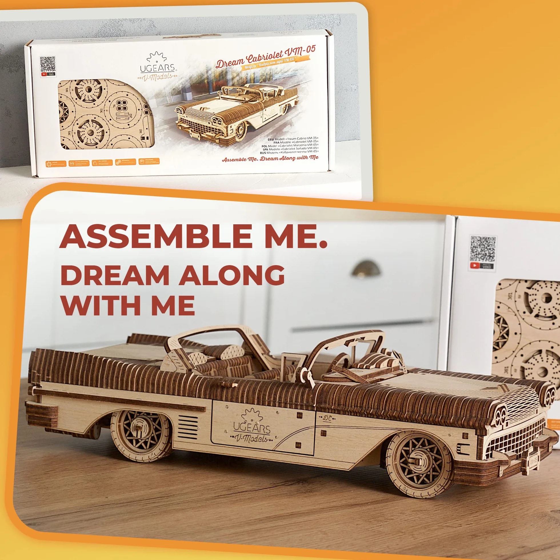 UGEARS 70073 marzenie Cabriolet samochód zestaw modelarski z drewna, beżowy