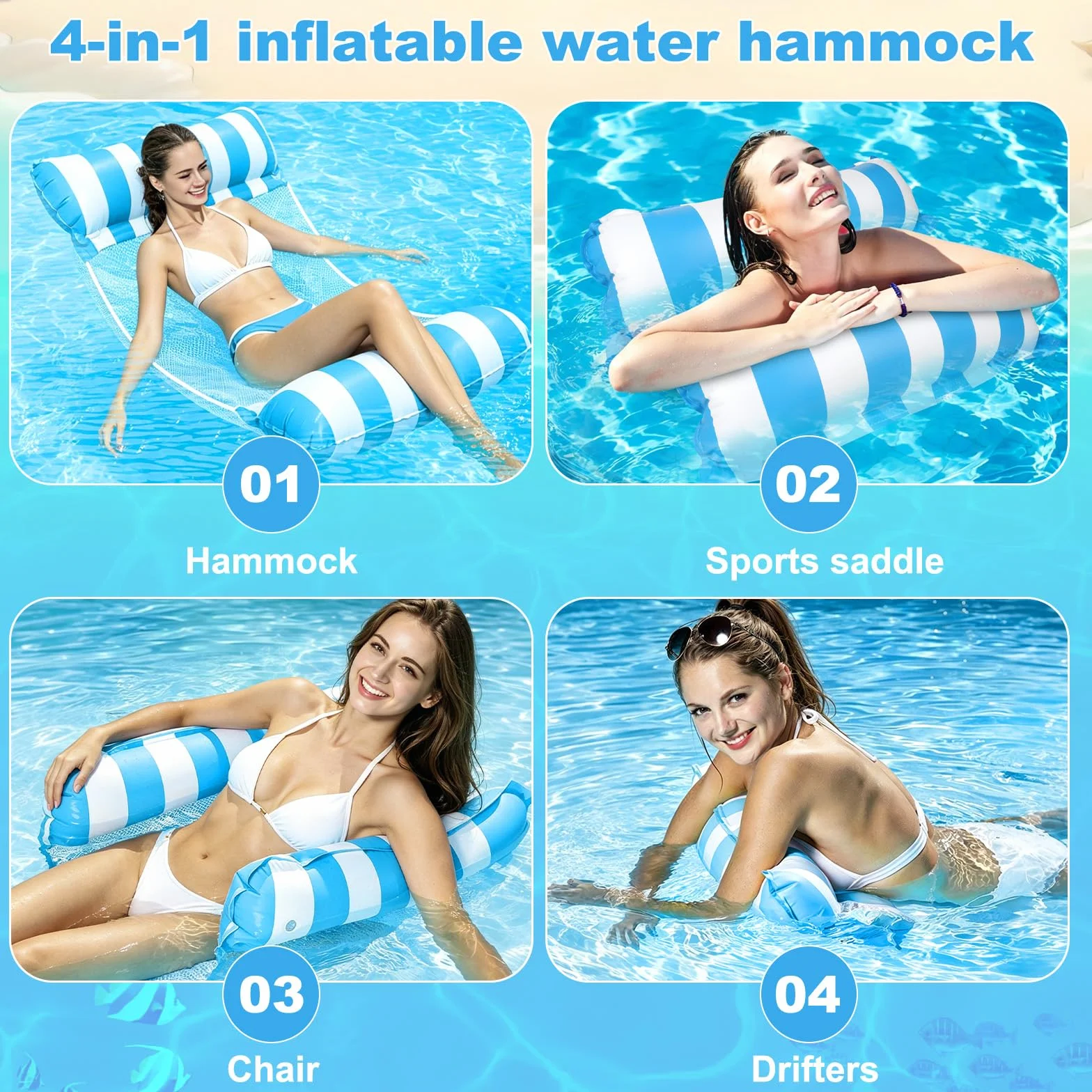 Materac dmuchany do basenu, 2 sztuki, XL materac dmuchany z 2 pompkami, nadmuchiwany hamak wodny, 4 w 1, zabawka do basenu, zabawka wodna dla dorosłych, dzieci, na basen, na plażę