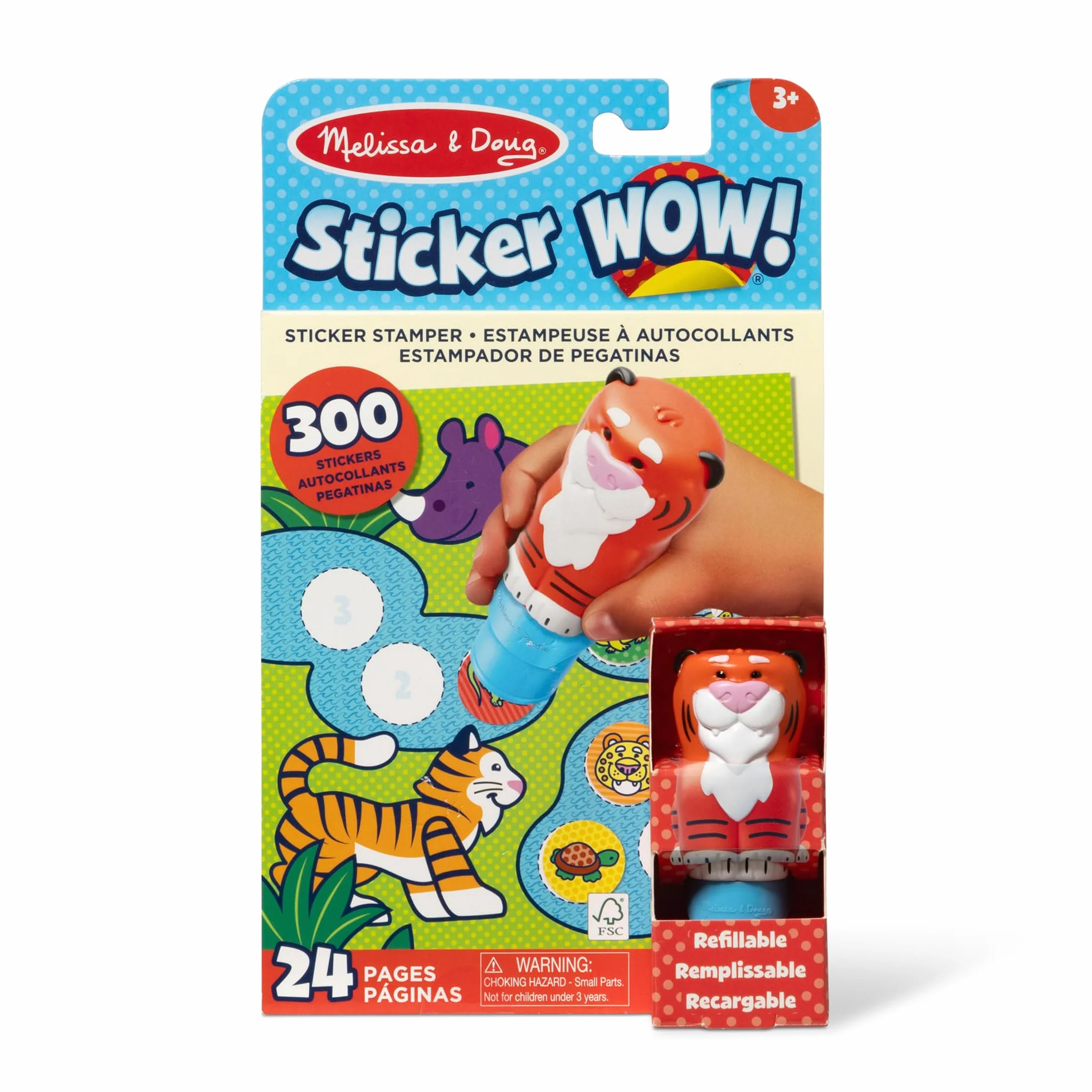 Melissa & Doug Naklejka WOW naklejka stempel i 24-stronicowa podkładka do aktywności, 300 naklejek, sztuka i rękodzieło, zabawka fidget, kolekcjonerska postać, tygrys - kreatywna zabawka podróżna do